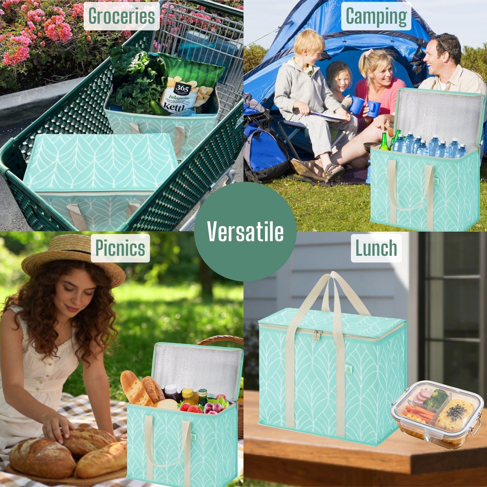 3 PCS Large Evergreen Insulated Cooler Reusable Grocery Shopping Bag Lid