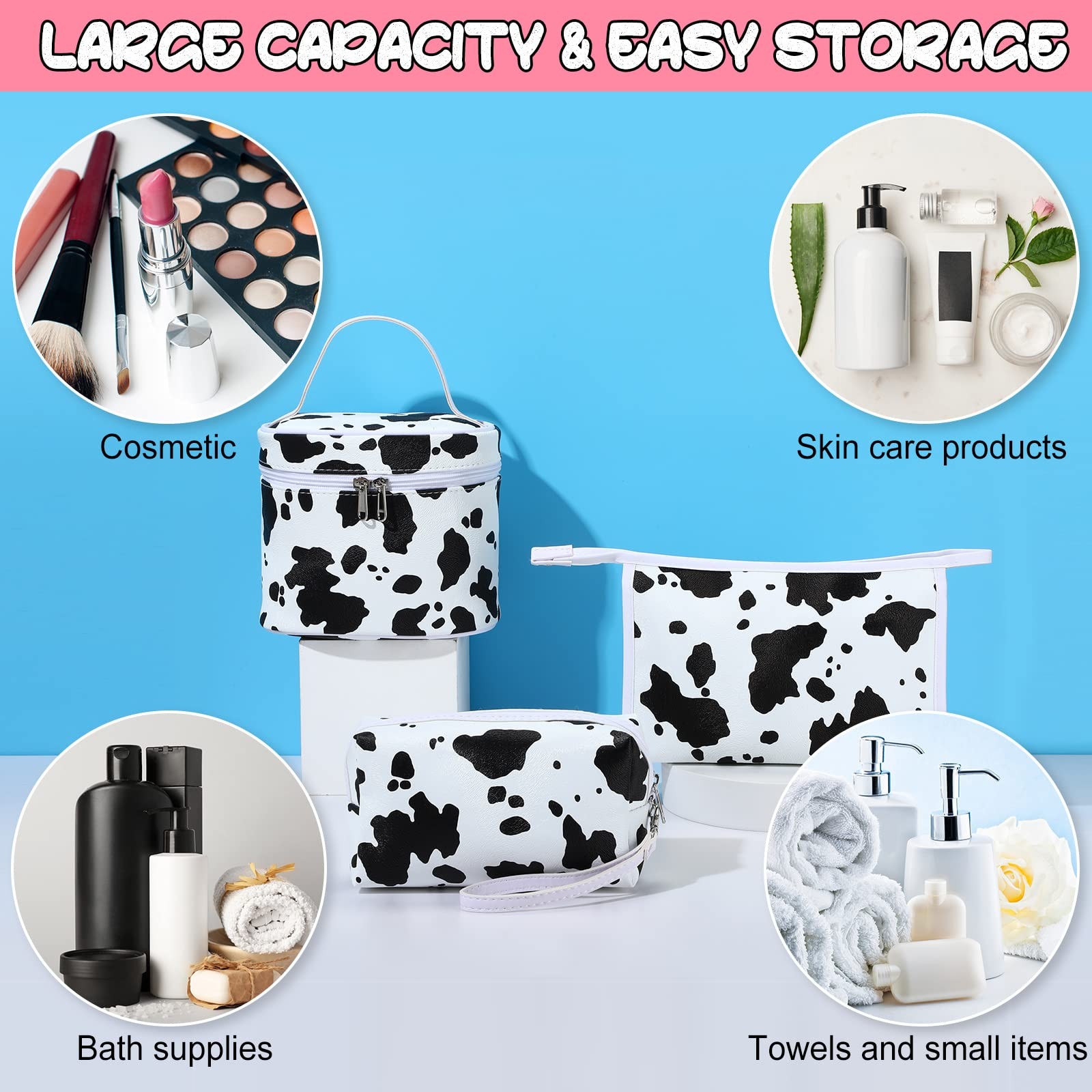 Saintrygo Set of 6 Makeup Bag Travel Cosmetic Cow Print Black