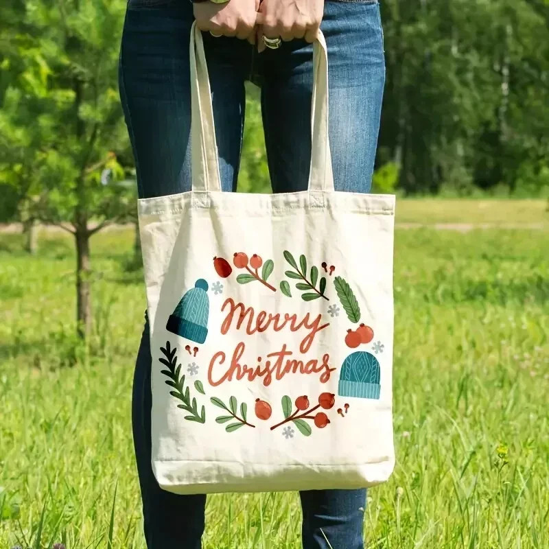 Christmas-Themed Canvas Tote Bag – Reusable Square Grocery Shopping Bag