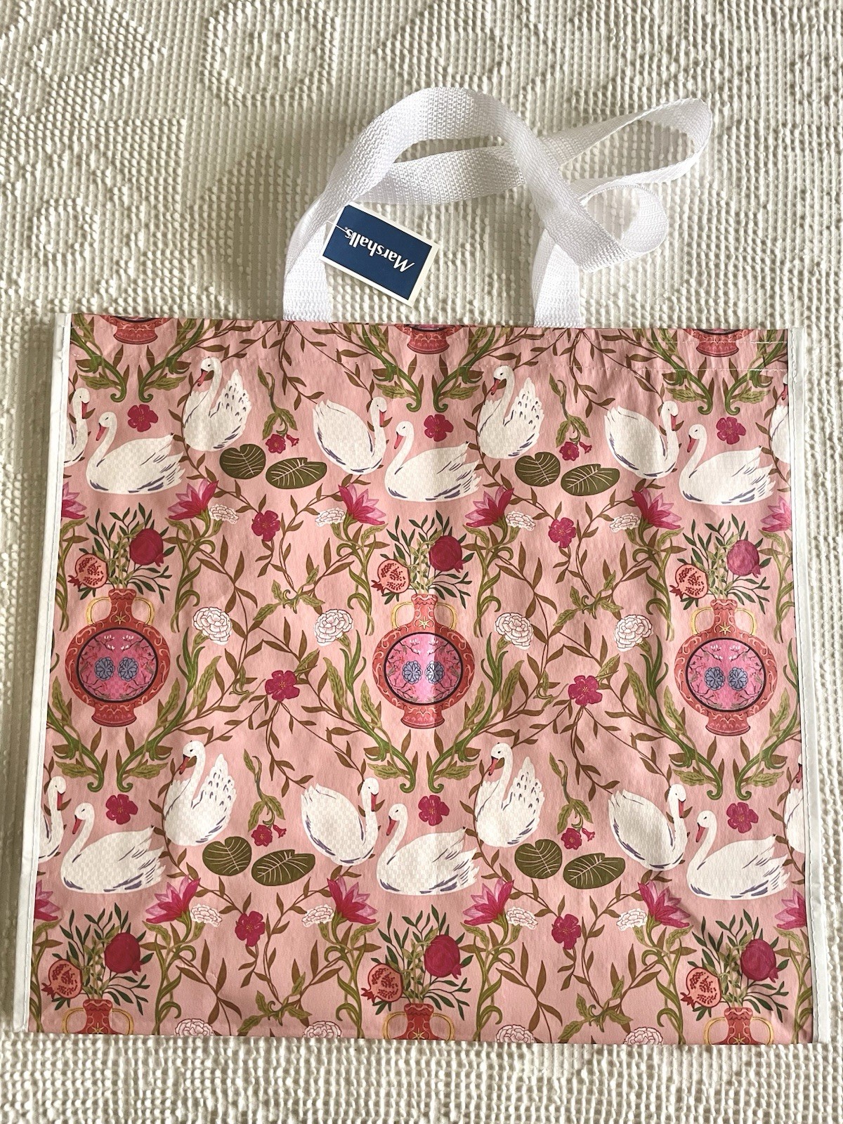 MARSHALLS Large Reusable Shopping Bag Tote Swans Flowers Vases Pomegranates NWT