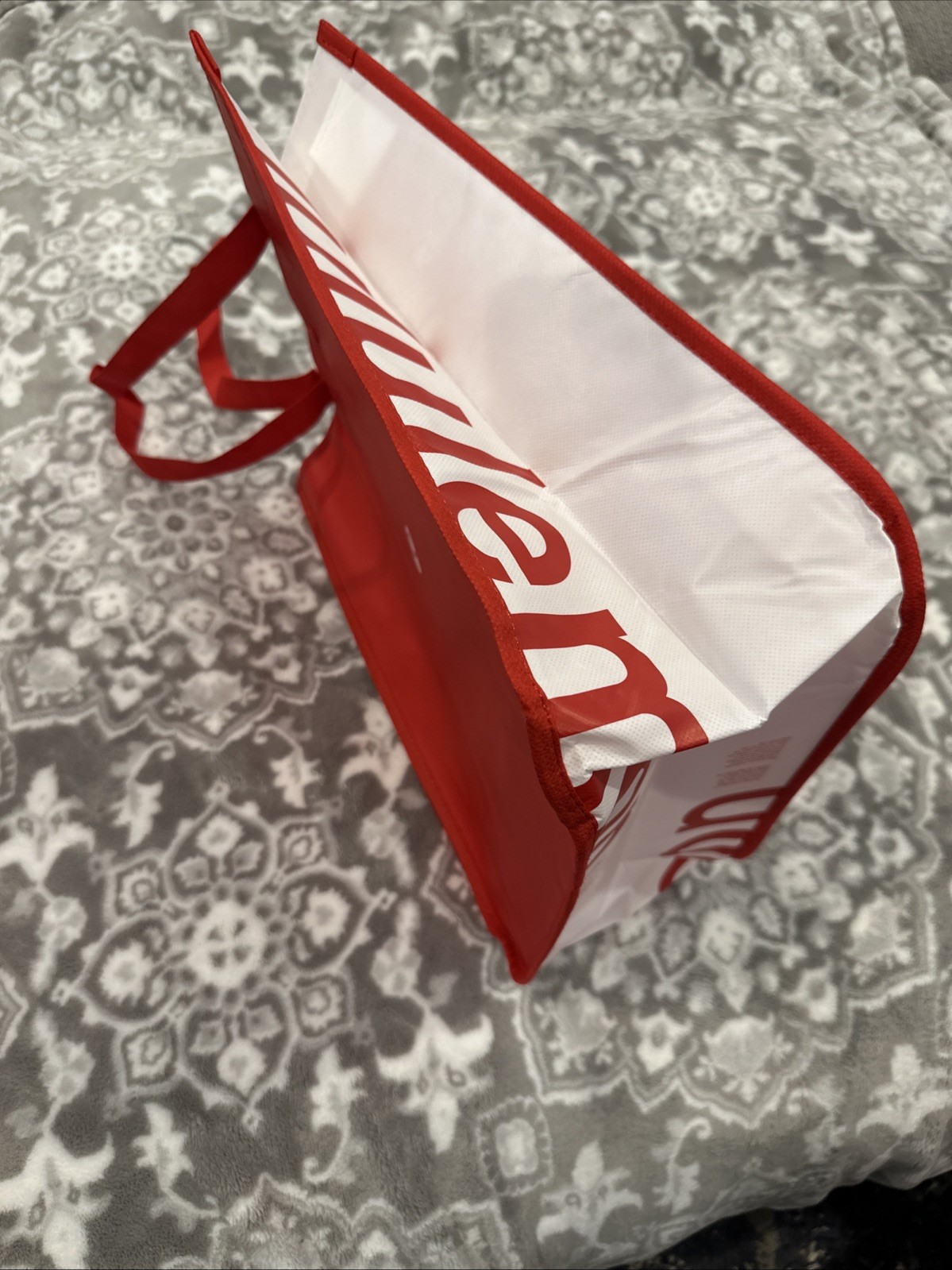 Lululemon Logo Reusable Shopping Bag Red White Sides Tote 14”x16” W/Snap New