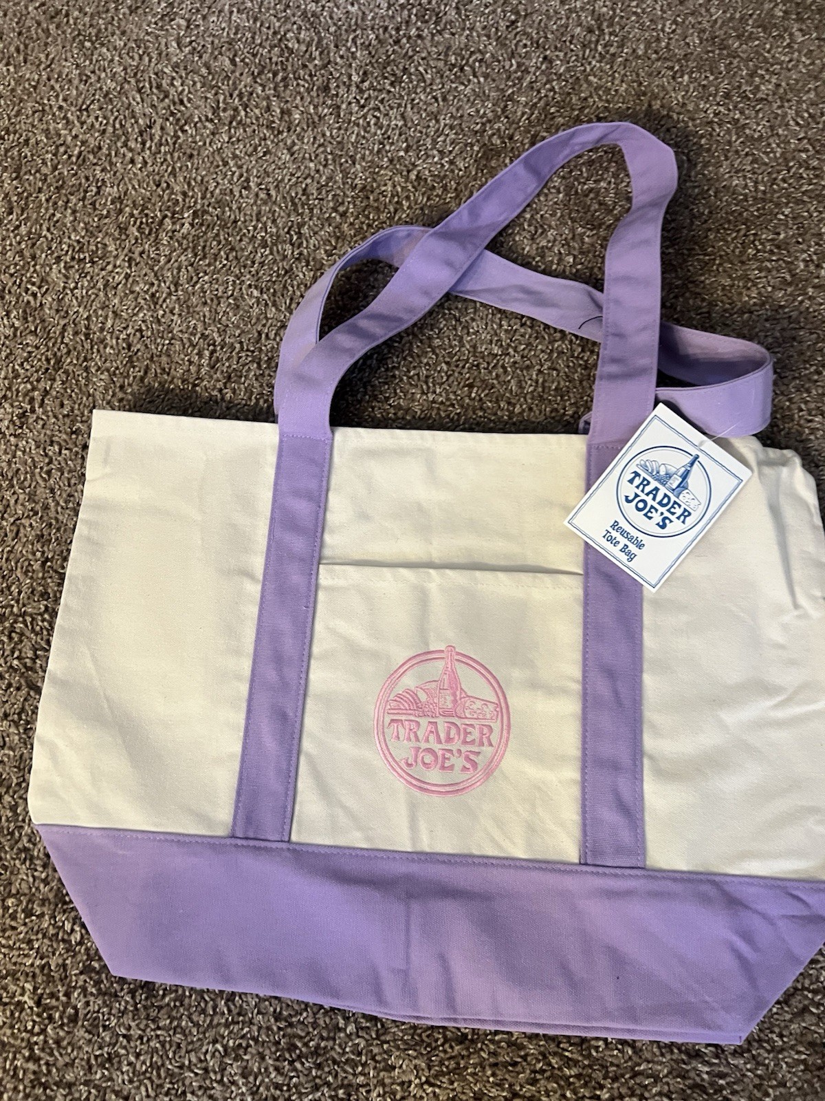 Trader Joe’s Reusable Foldable Canvas Shopping Bag Purple Beige Colour Block