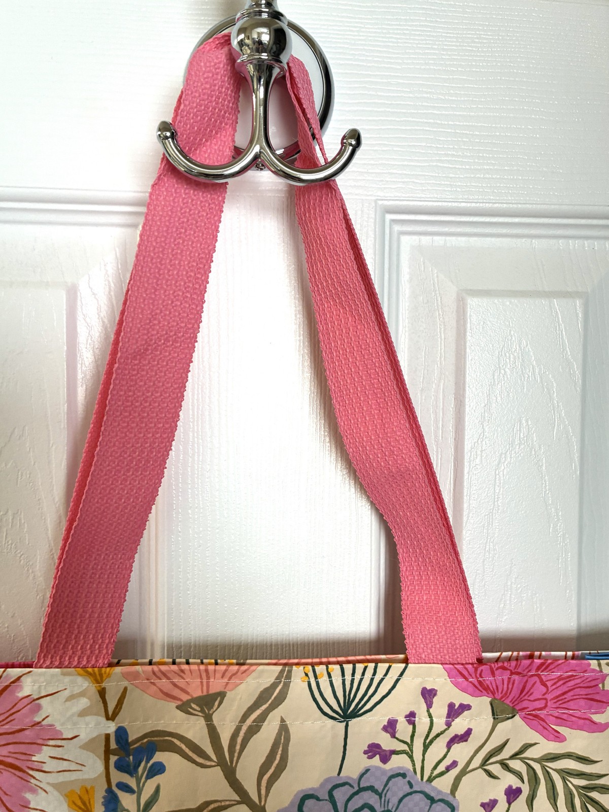 Reusable Floral Tote Bag 19.5×18 Pink Handles Eco Friendly Shopping Bag Spring