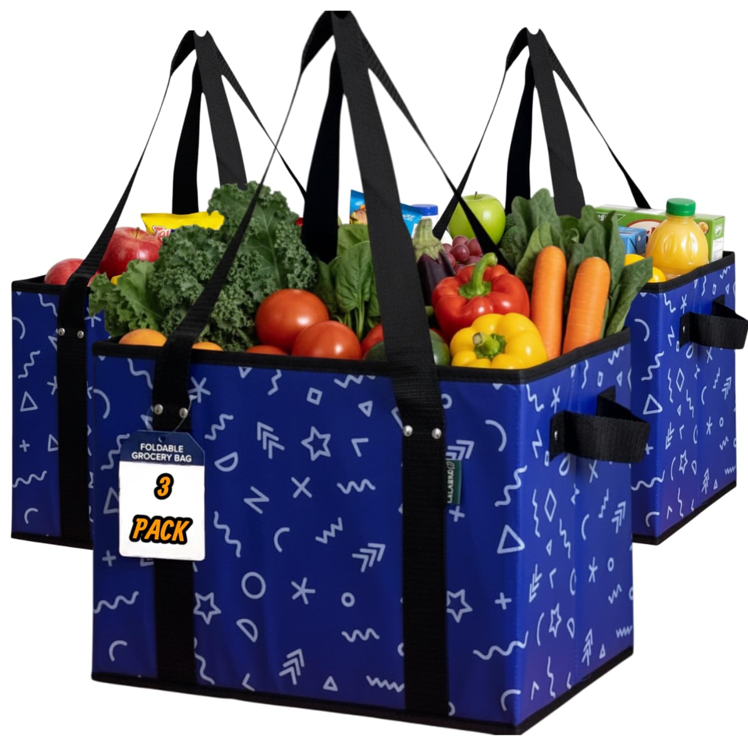 Reusable Grocery Bags 3 Pack Heavy Duty Foldable Tote Long Handles Hard Bottom