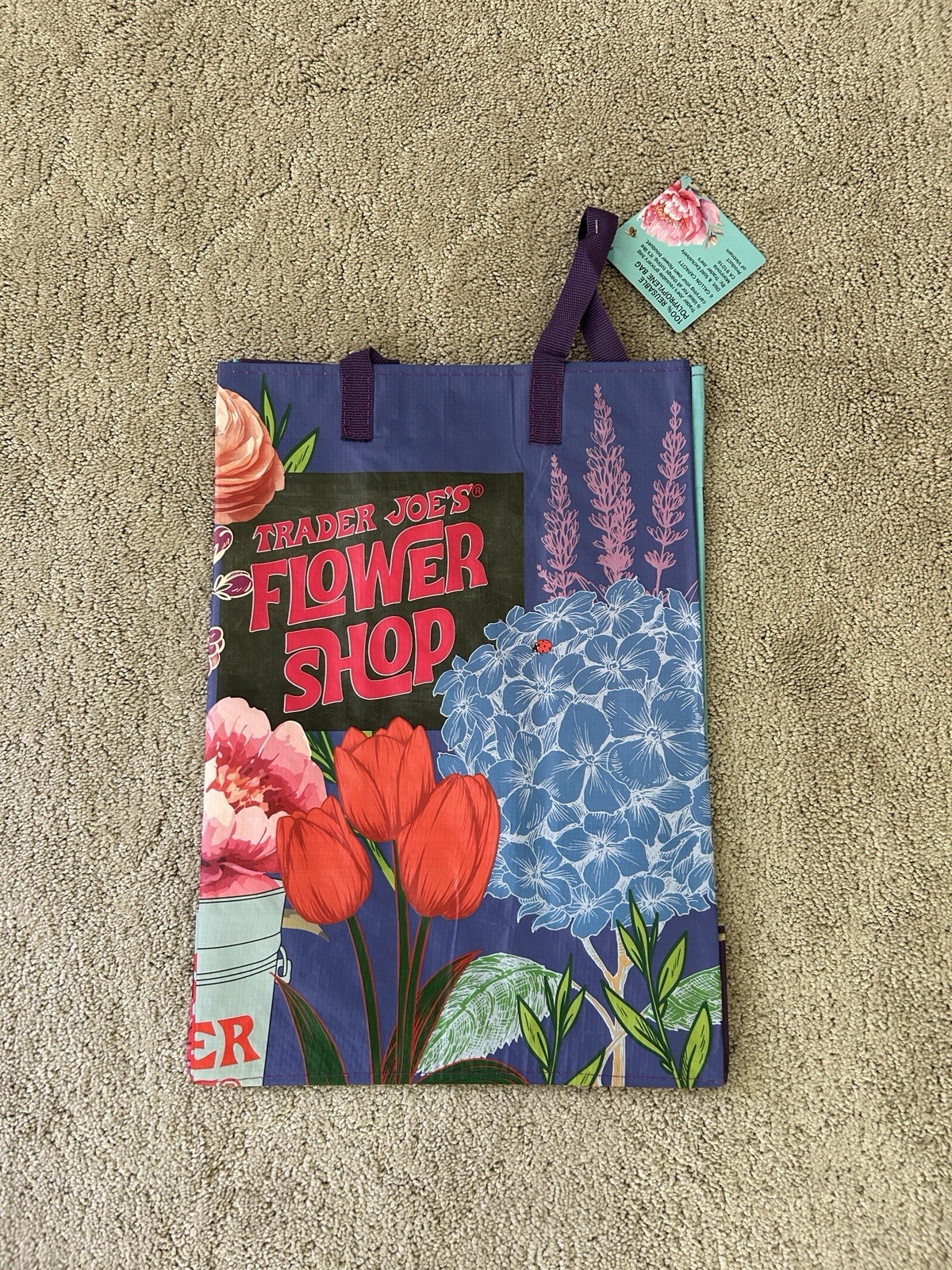 Trader Joe’s Flower Shop Brand New Reusable Poly Bag 6 gal Floral Purple/Blue
