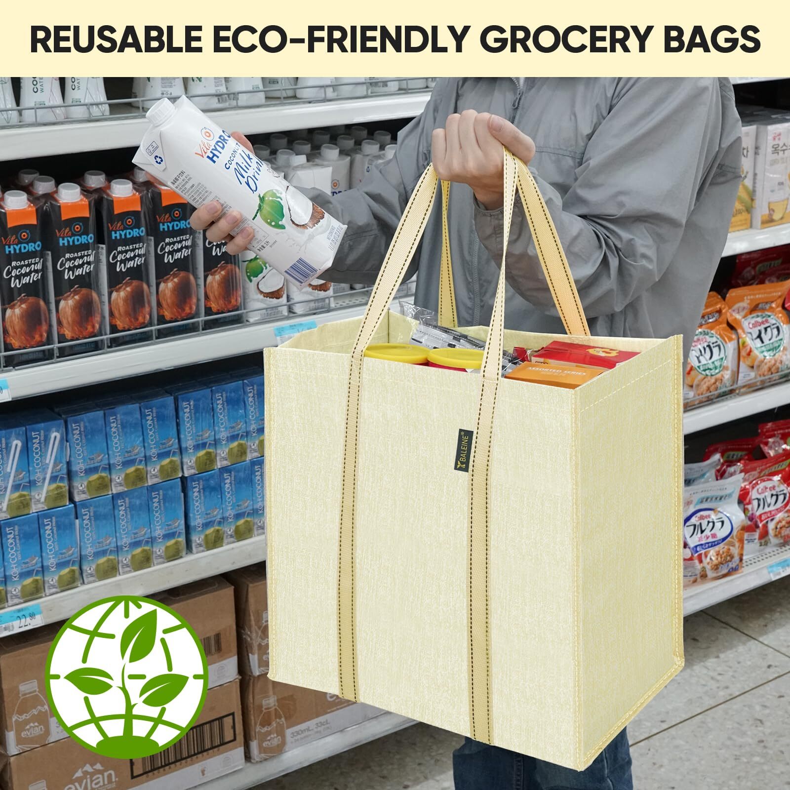 4 PK Grocery Bags Reusable Shopping Bags with Reinforced Bottom Heavy Duty Fo…