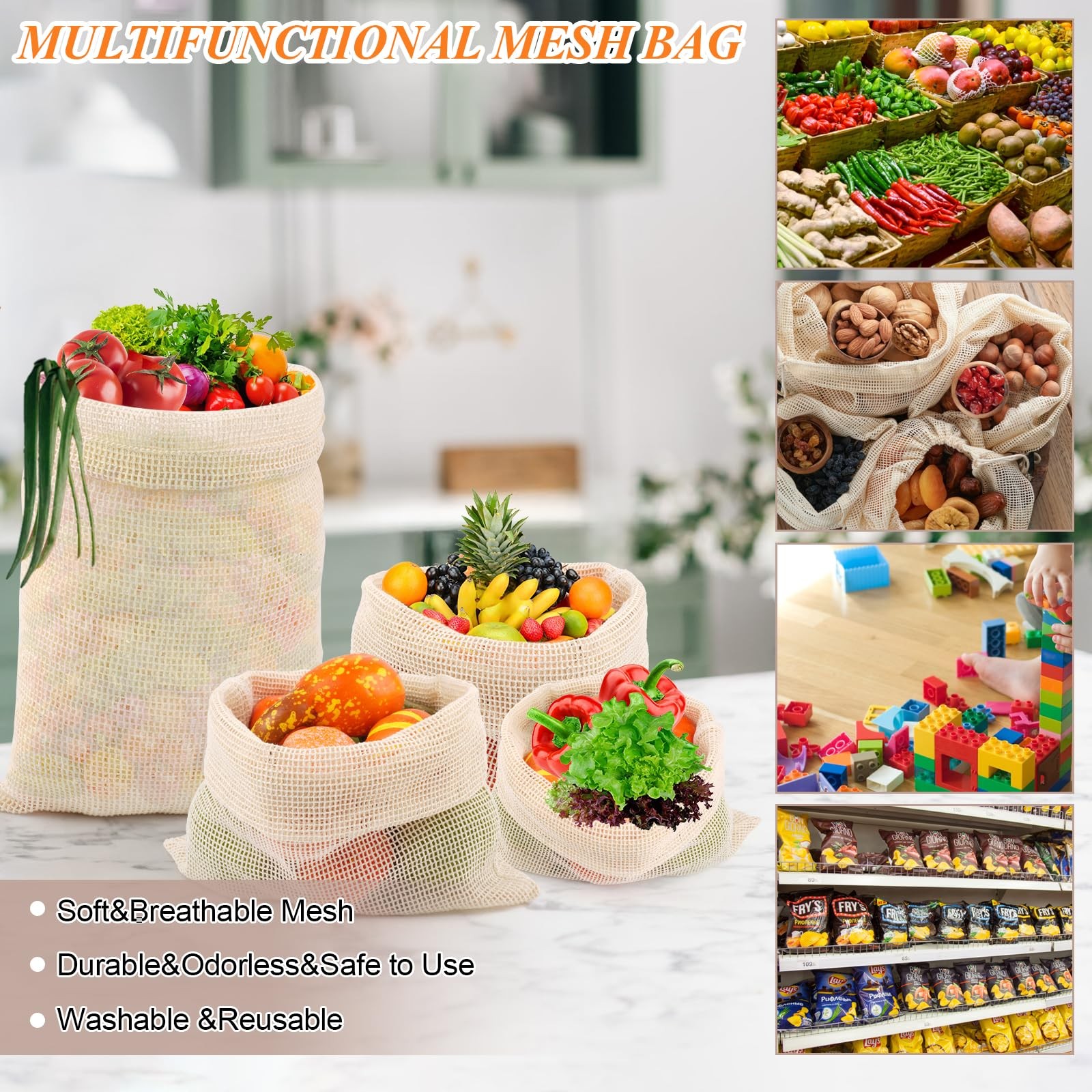 PEASUG 8 Pack Reusable Produce Bags 2 × XL, 2 × L, 2 × M, 2 × S, Beige