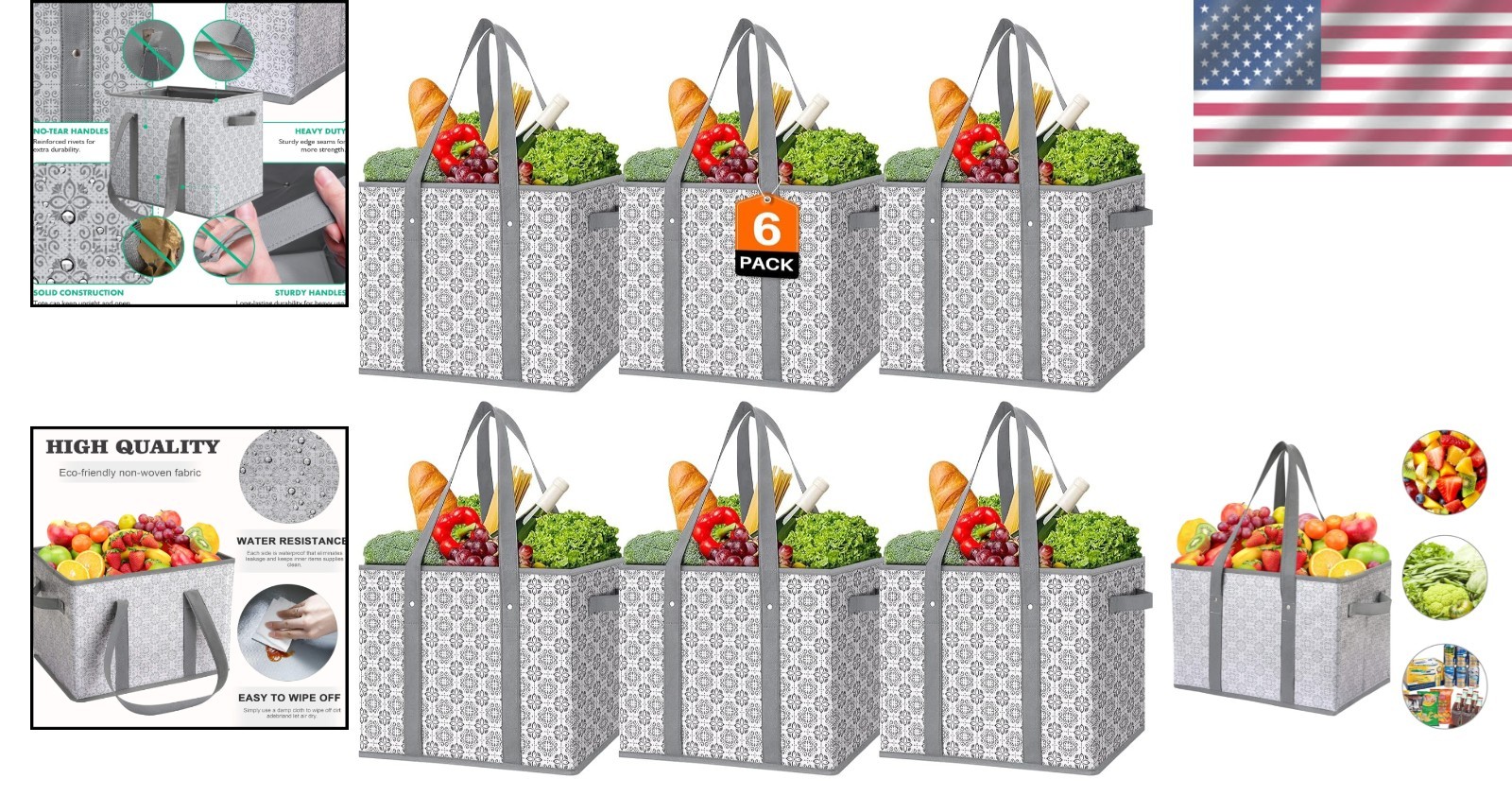 Stylish Reusable Grocery Bags, 6 Pack, Water Resistant, Grey