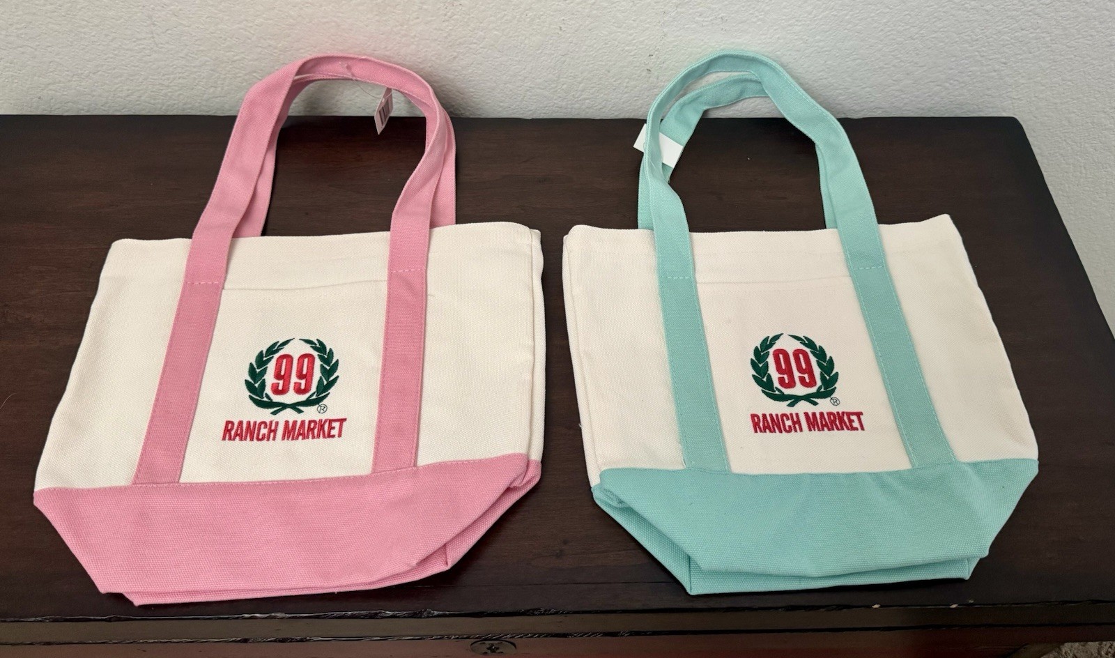 99 Ranch Market Mini Canvas Tote Bags Set of 2 Reusable Pink Aqua