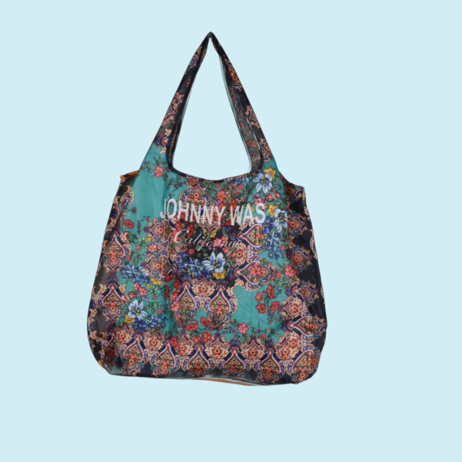 Johnny Was Bag Medium Blue Orange Lightweight Reusable Shopping Tote Floral Boho
