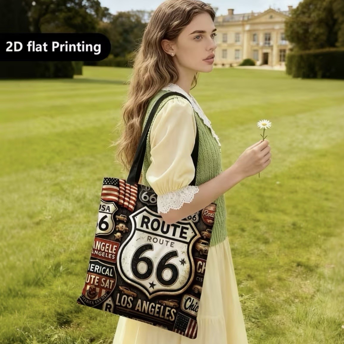 1pc Double-Sided 2D Flat Printing Shopping Tote Bag, Vintage, Route 66