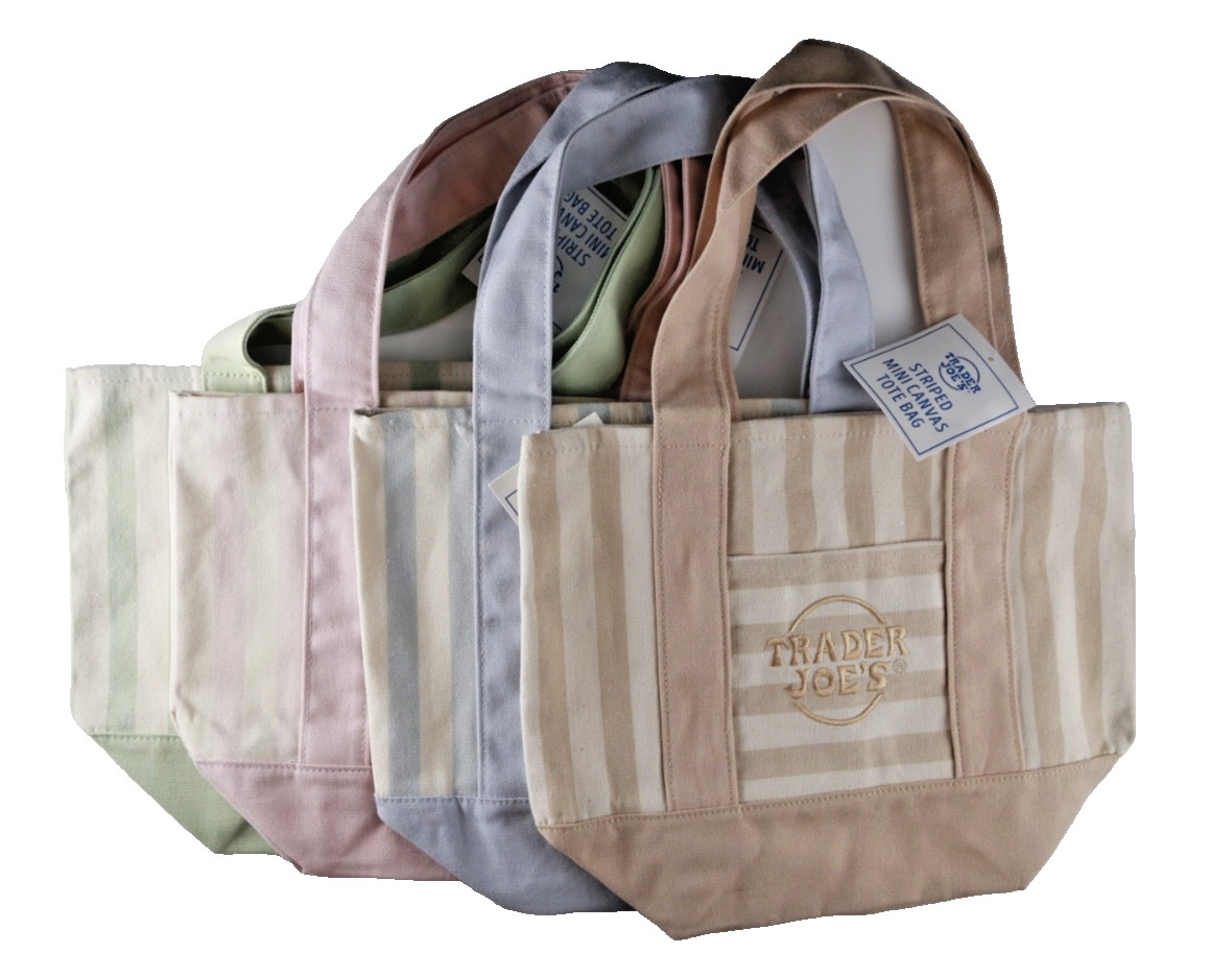 New 2026 Trader Joe’s Mini Striped Pastel Canvas Tote Bags Set of 4