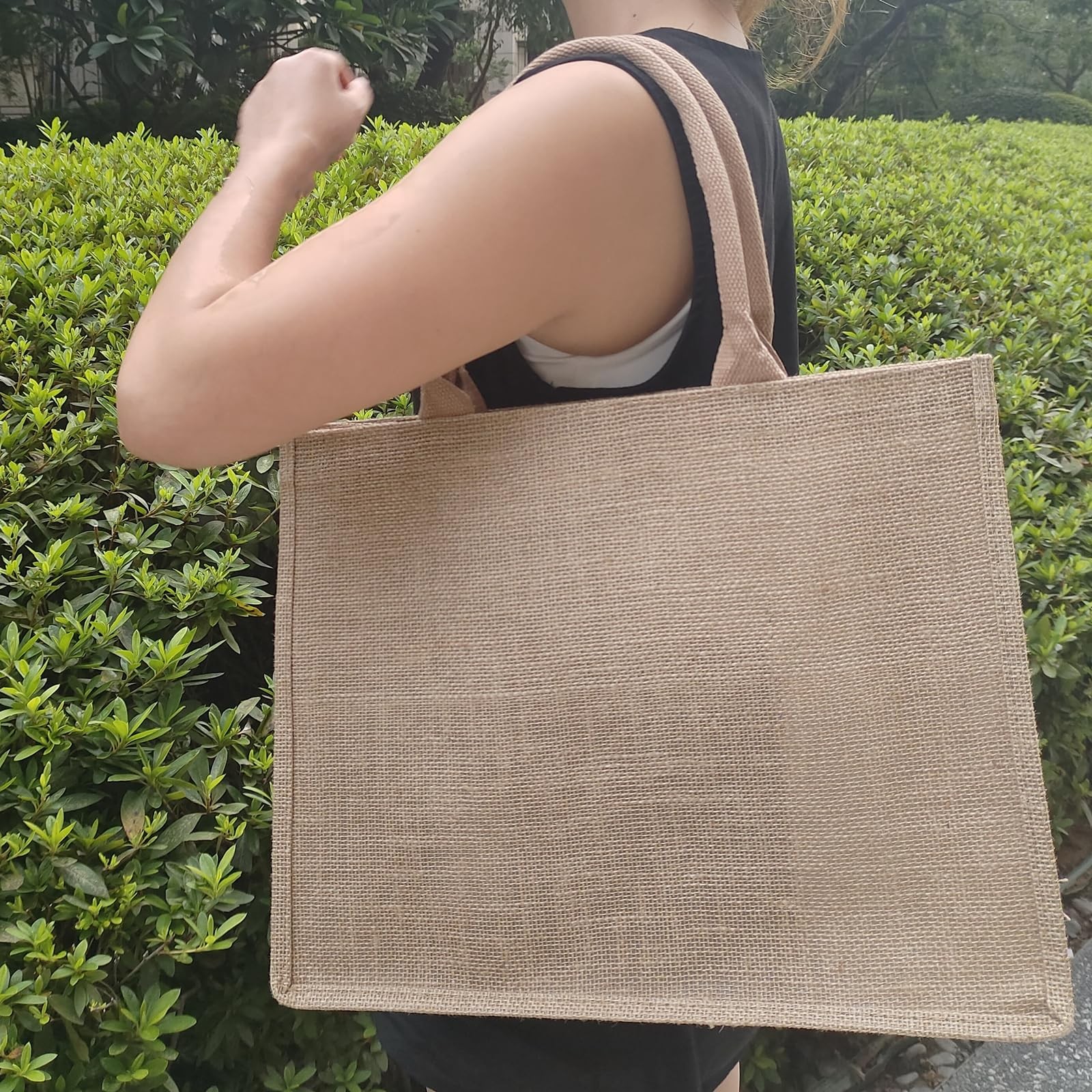 6 Pack 15.4×12.2×5.9 Inch Reusable Jute Burlap Beach Gym Shopping Tote Bag