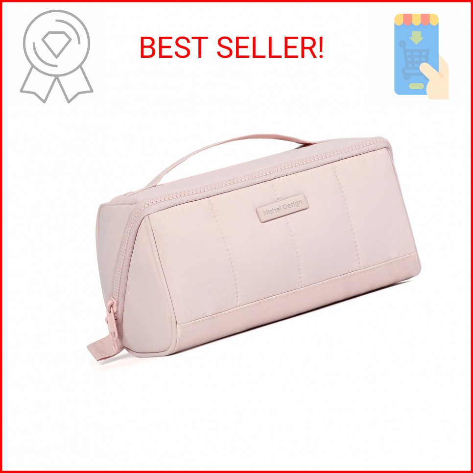NISHEL Travel Makeup Bag for Women, Fluffy & Lightweight Open Flat Cosmetic Orga