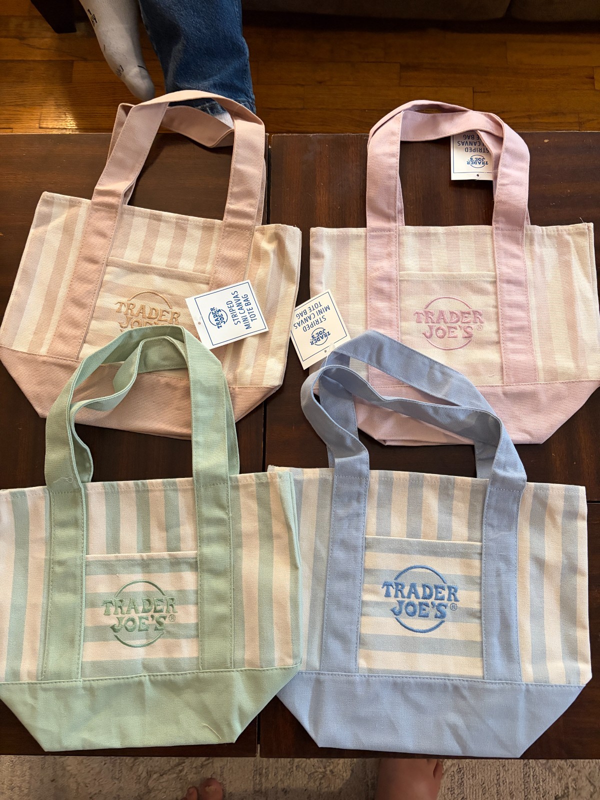 Trader Joe’s Set of 4 Striped Mini Canvas Tote Bags-Pink, Blue, Green Beige NEW