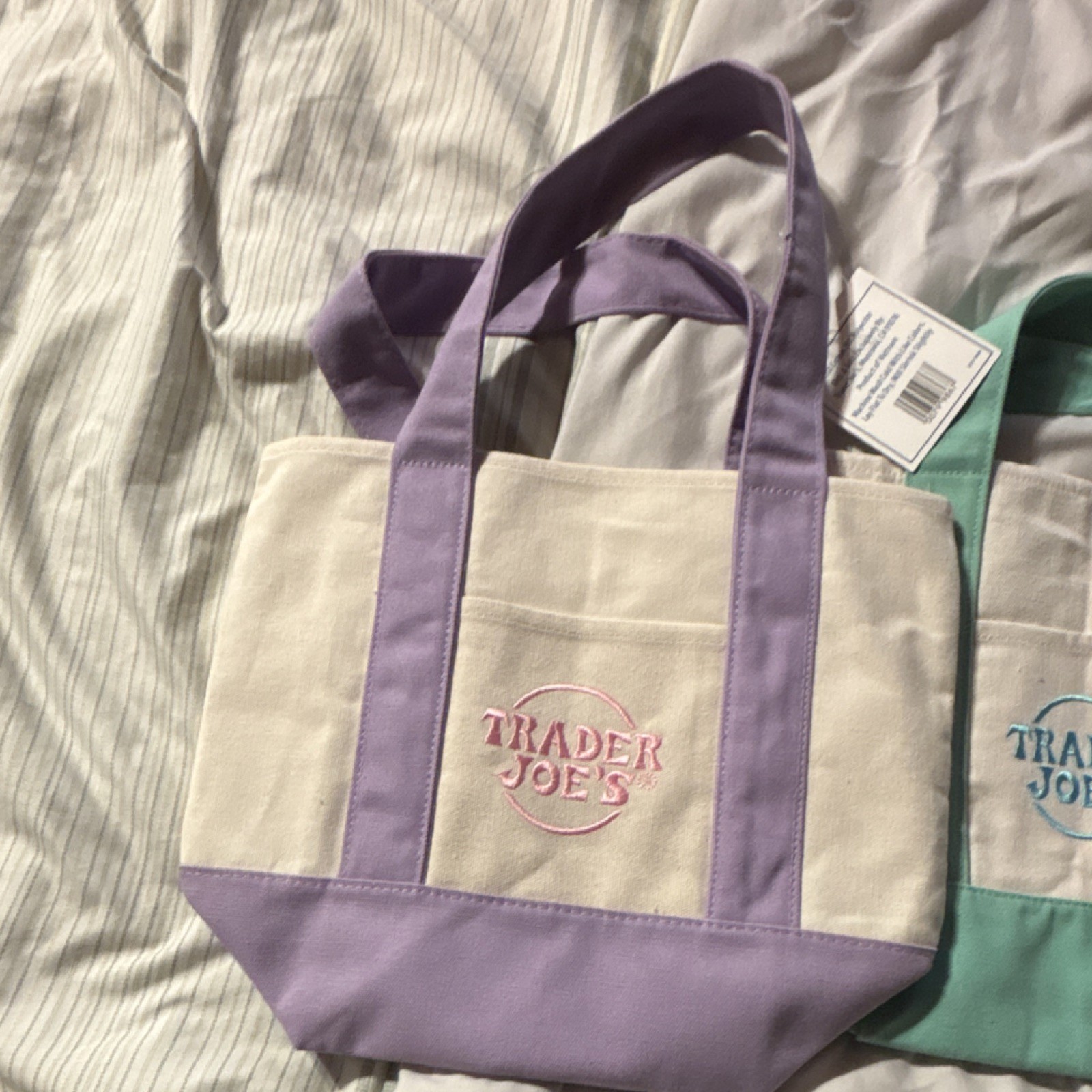 Trader Joe’s Canvas Foldable Tote Bags, Purple & Green, Small, Set of 2