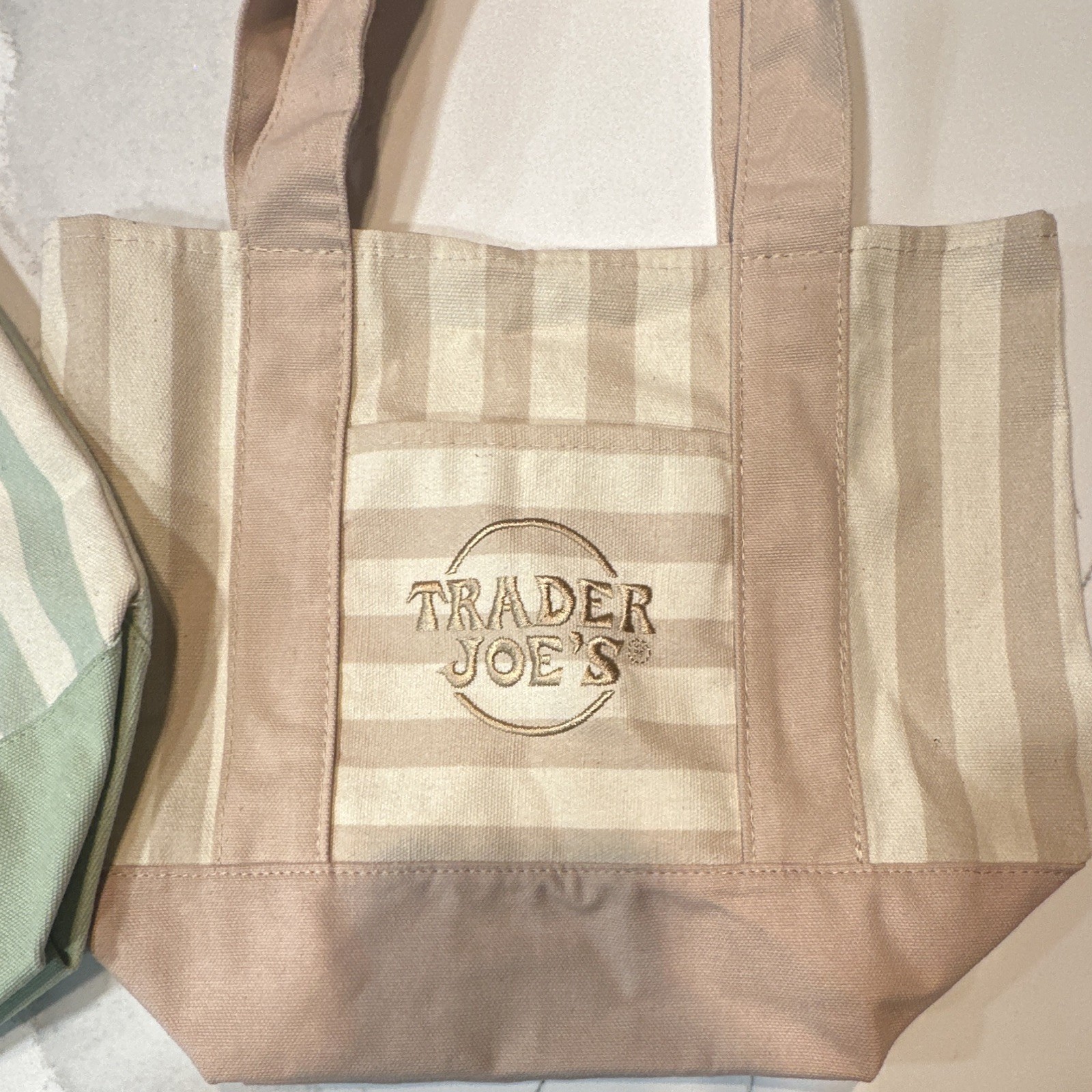 Trader Joe’s Reusable Tote Bags Lot of 2 Green & Tan Striped Multicolor