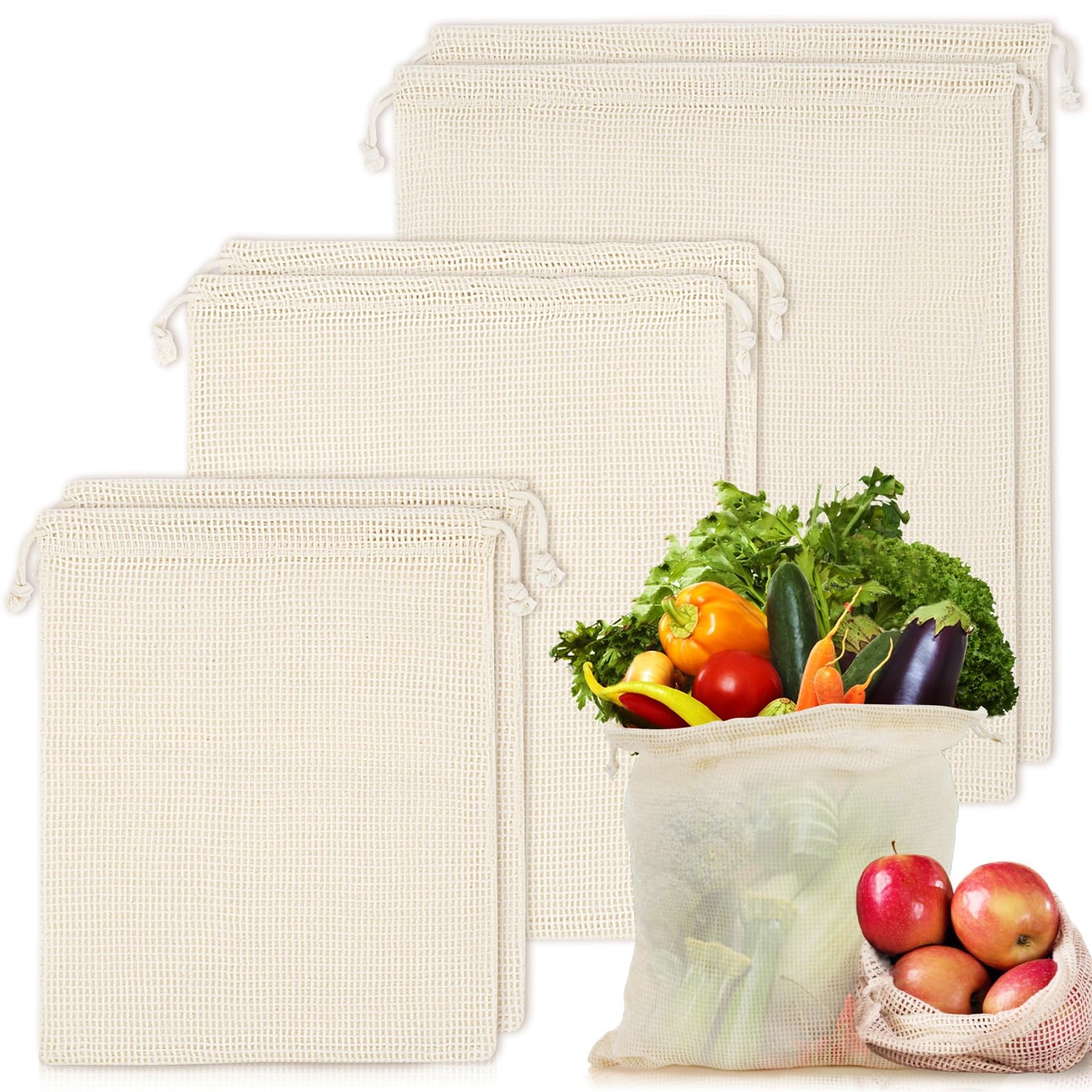 MAQIHAN 6 Pack Reusable Produce Bags Cotton Mesh 8*10,10*12，12*14, Off White