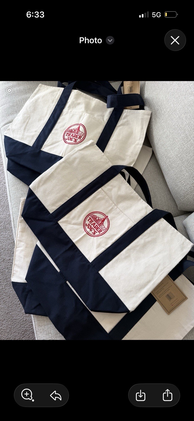 Trader Joe’s Reusable Tote Bag Foldable Cotton Polyester Beige Navy Blue