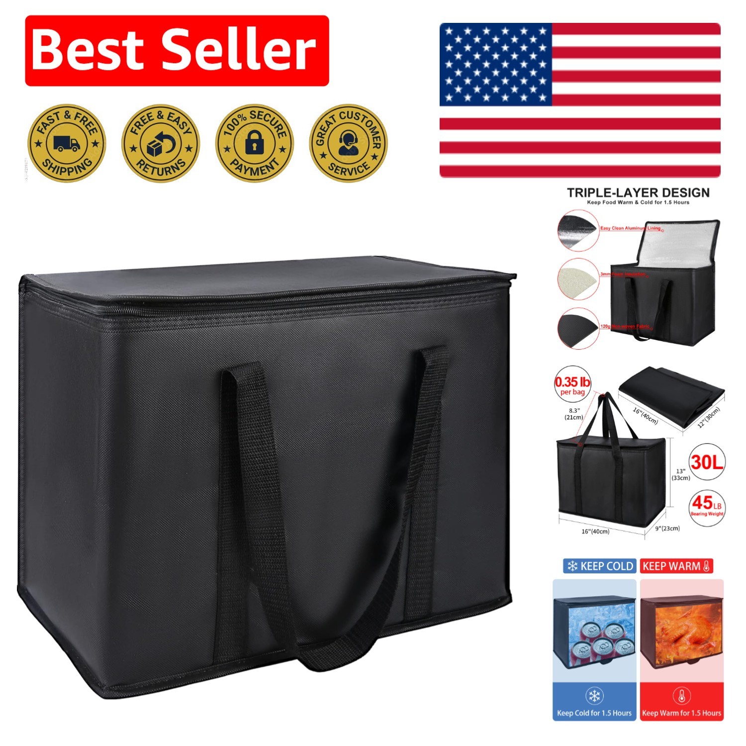 X-Large Insulated Reusable Grocery Bag – 30L Food Tote for Delivery & Events