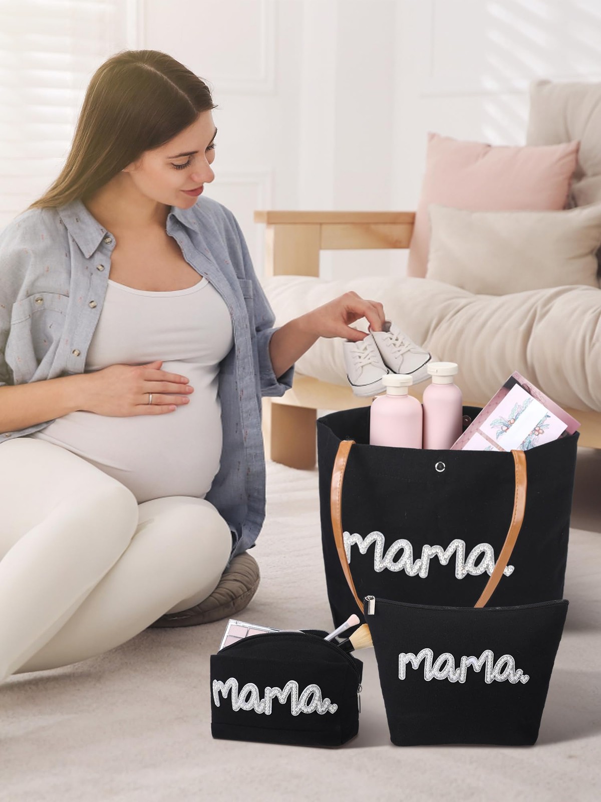 3 Pcs Mom Mama Bag Sets Mother Gifts Multifunctional Black Canvas Tote Bag Se…