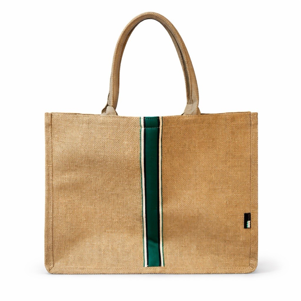 Aquario Jute Tote Bag Large Reusable Beach Market Shopper Eco Burlap Green Strip