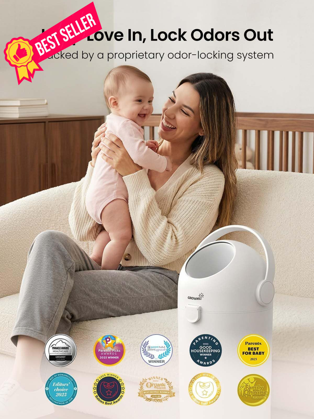 Grownsy Baby Diaper Pail, Odor-Locking Roll-Top Design, No Special Bag White
