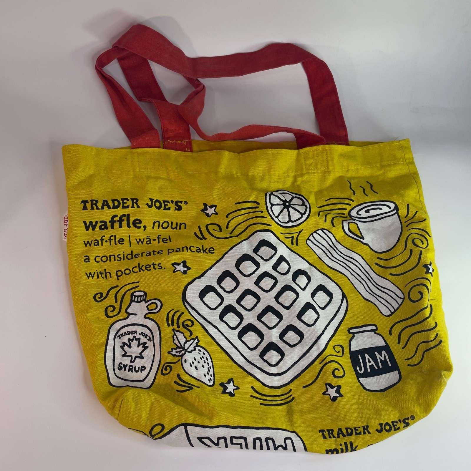 Trader Joes Reusable Canvas Shopping Tote Bag Breakfast Waffles Toast Yellow USA