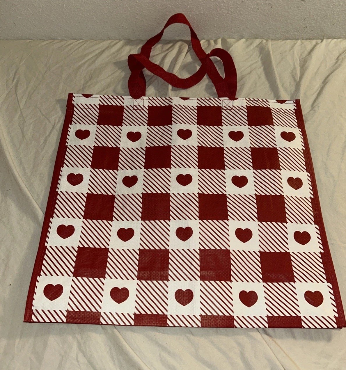 Burlington Seasonal Large Checkered Heart Print Red & White Shopping Bag Tote