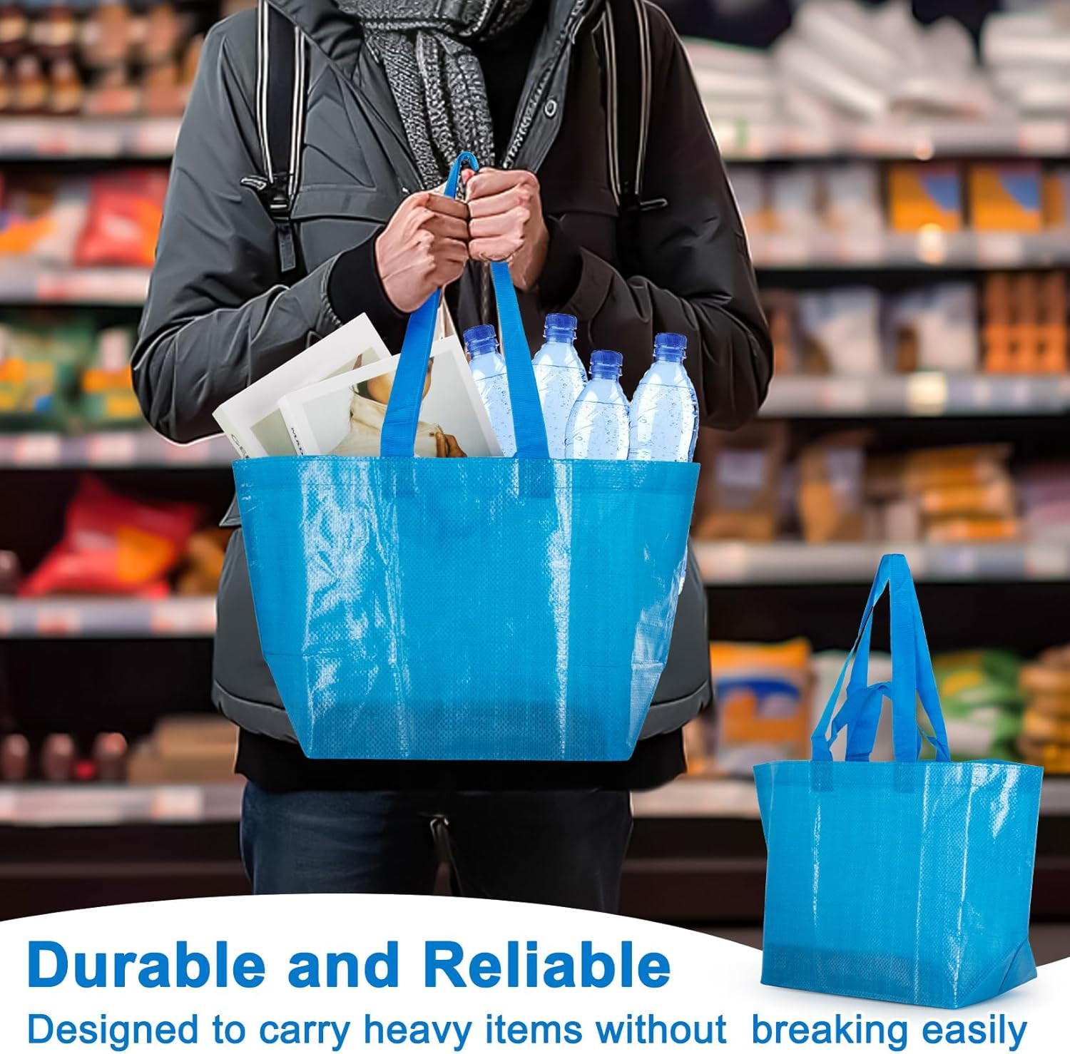 Reusable Grocery Bags – 3 Pcs Blue Grocery Shopping Bags Reusable Woven Polyprop
