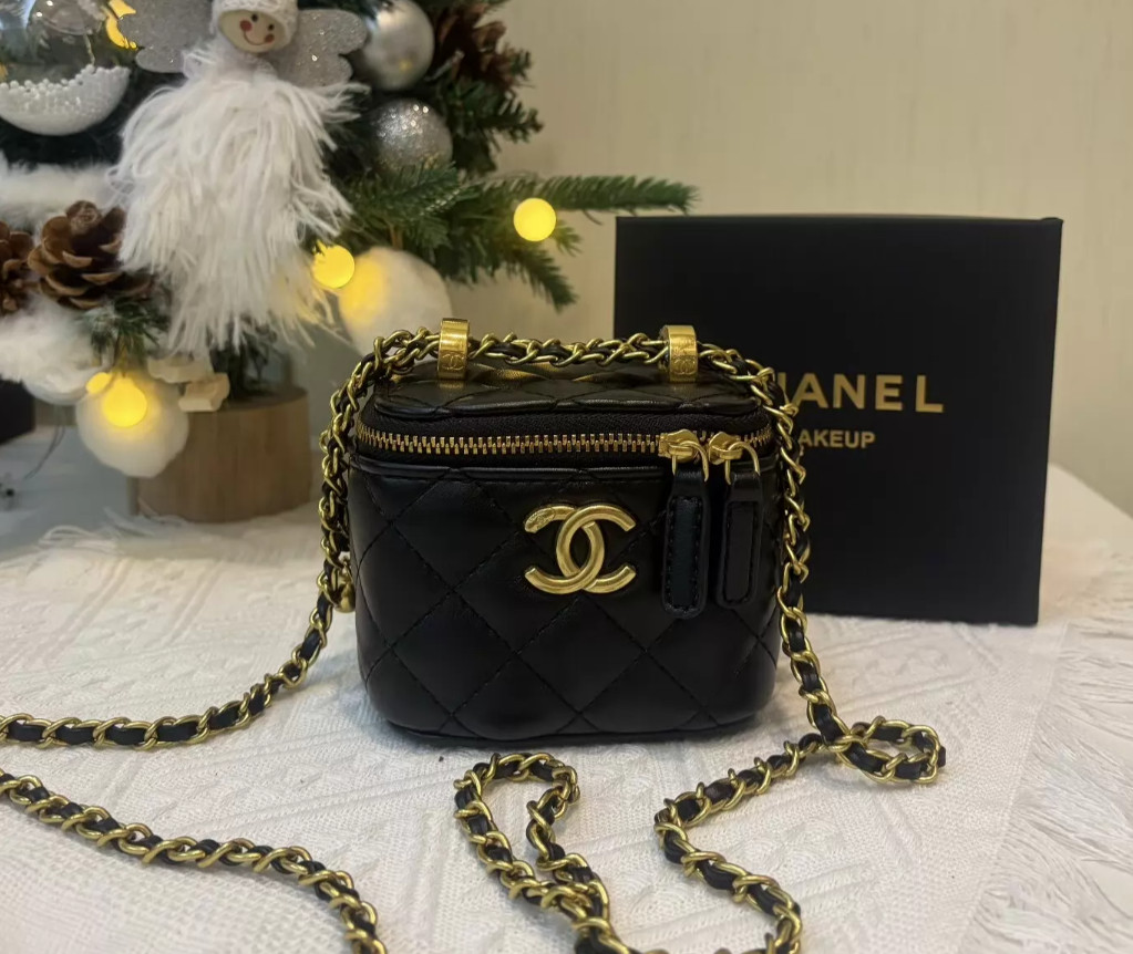 Mini Zipper Cosmetic Bag Double Gold Ball Chain Crossbody Beauty Storage Pouch