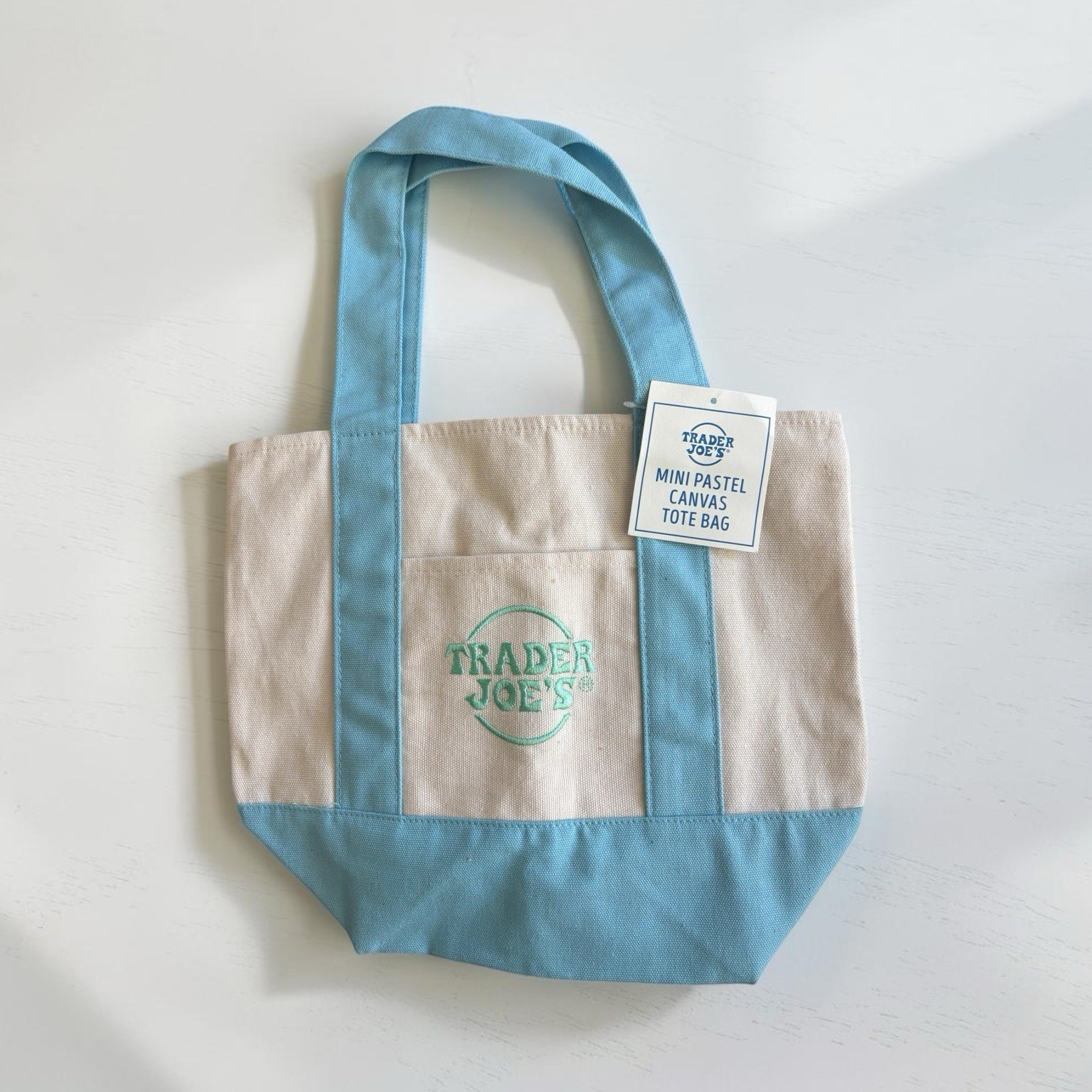 Trader Joe’s Mini Pastel Canvas Tote Bag Small Reusable Blue/Beige 13x11x6