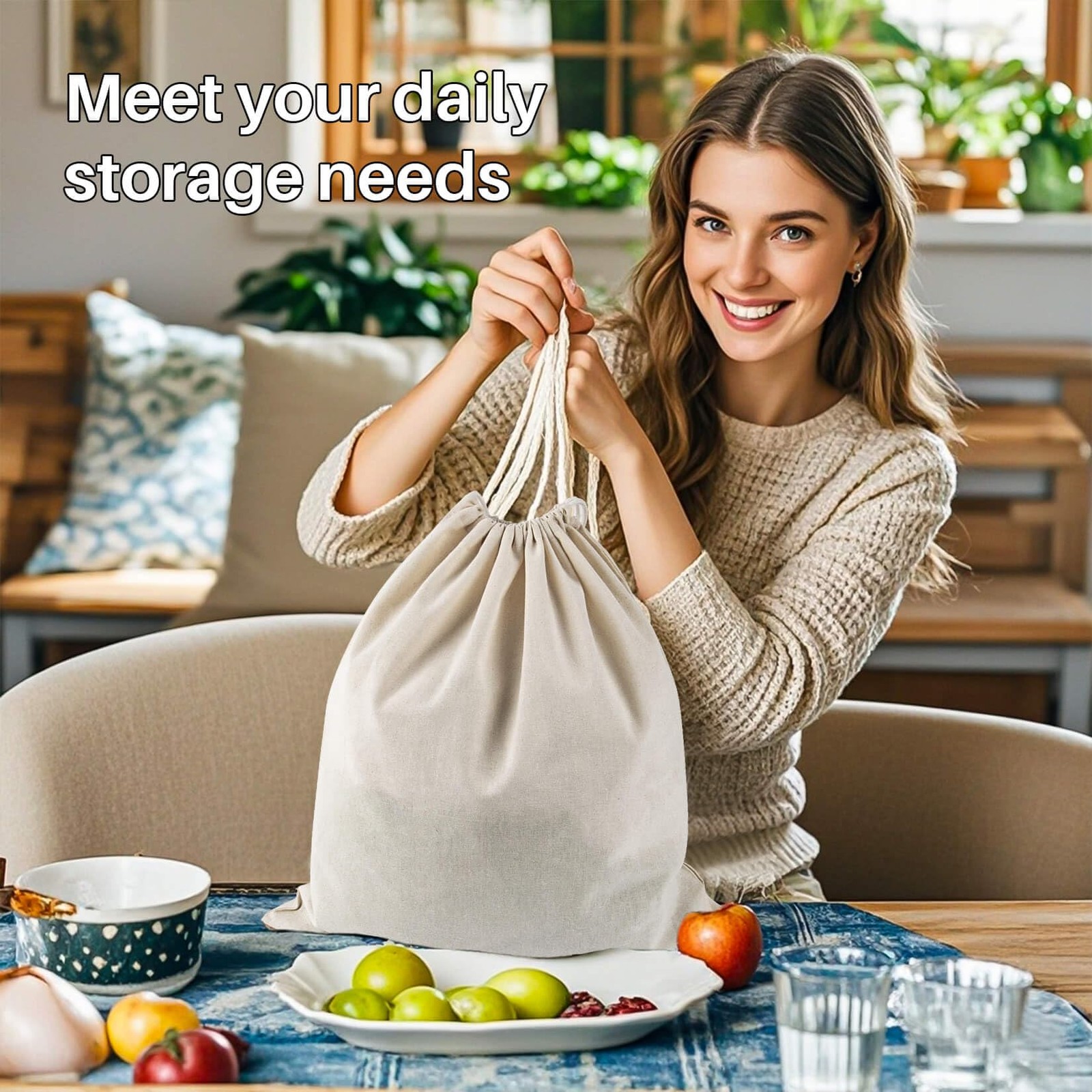 Cotton Storage Bags With Drawstrings – Rainflow 3 Pack 55.56 liters, white