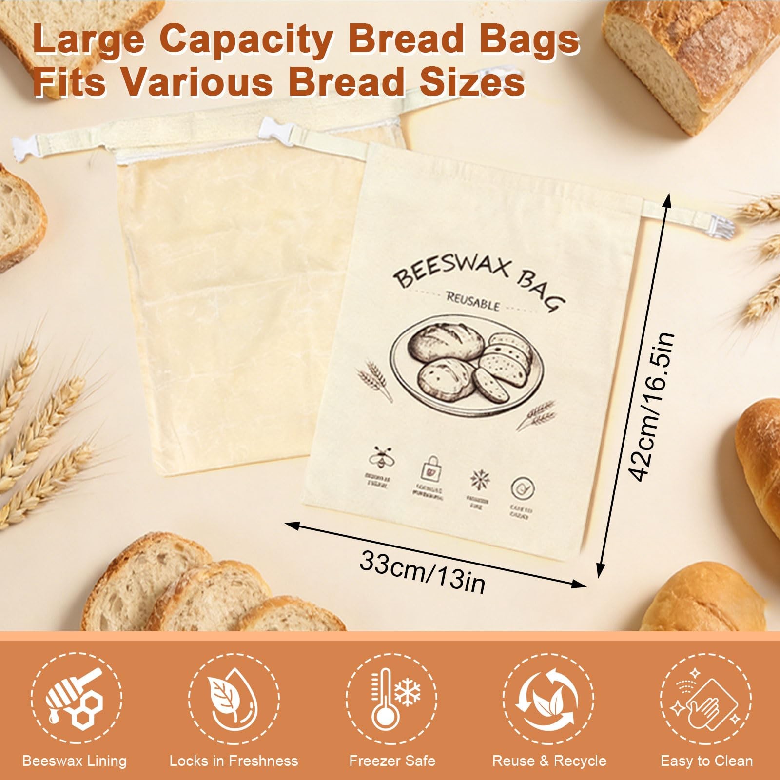 Beeswax Bread Bag 2 Pack, Reusable Organic Cotton 13 x 17 inches, Beige