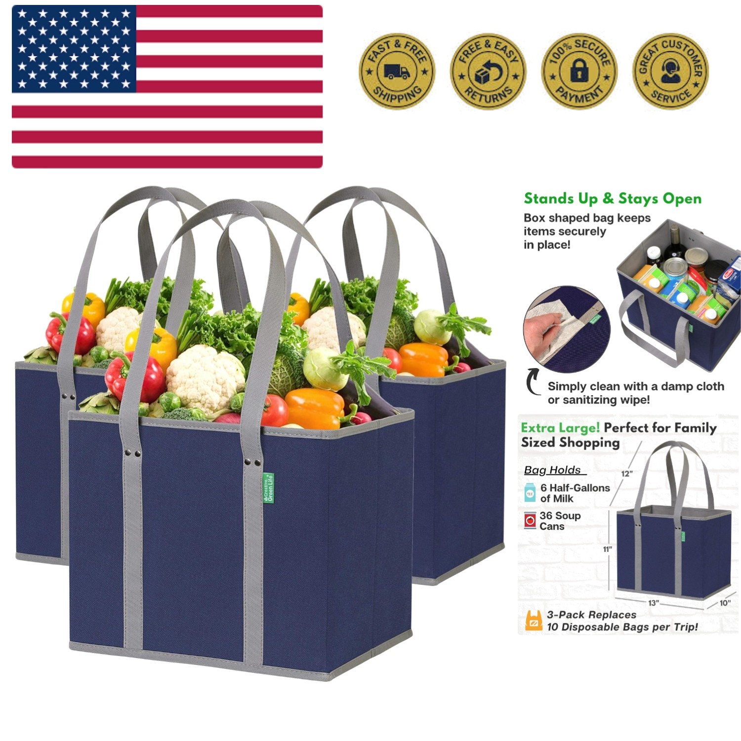 Reusable Grocery Bags 3 Pack – Heavy Duty Reusable Shopping Bags with Box Sha…