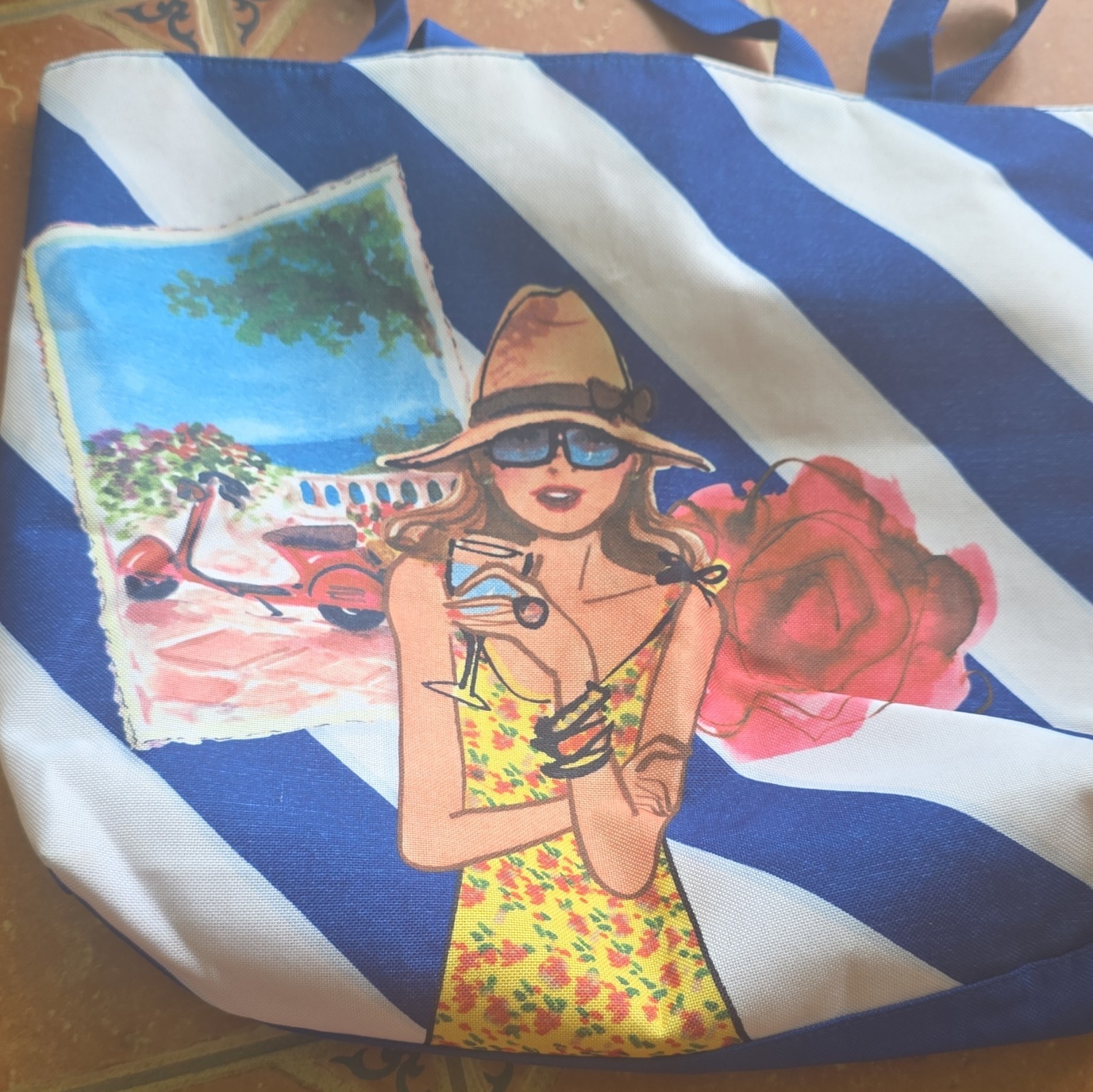 Lancôme Canvas Striped Tote Bag Blue/White Pink Lining Medium 15x10in