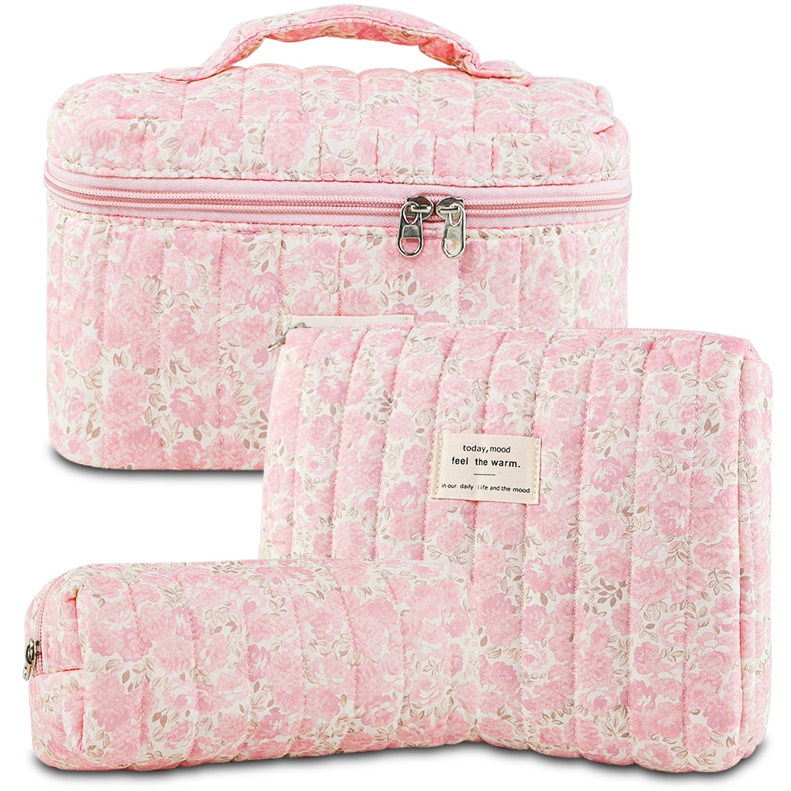 GISMTR 3Pcs Makeup Bag Cotton Quilted Travel Cosmetic Cute Flowers-Pink3