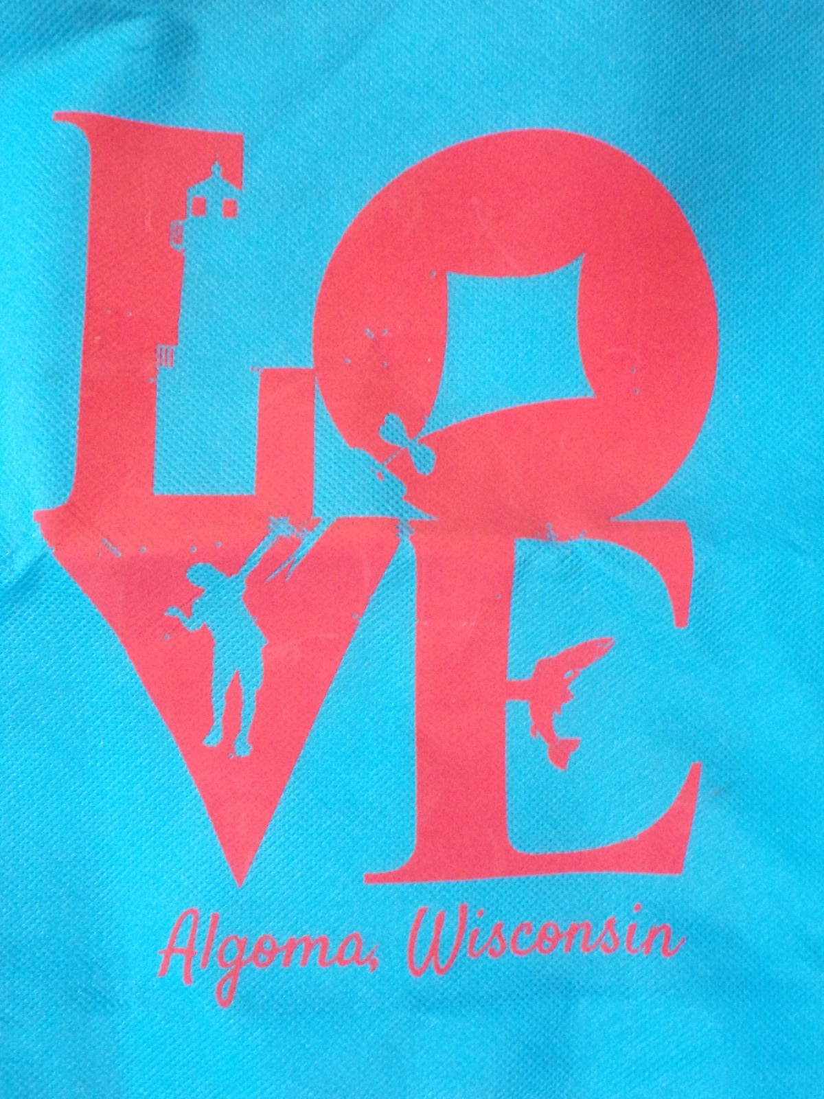 LOVE ALGOMA WISCONSIN BLUE TOTE SHOPPING GROCERY BAG REUSABLE 13 x 5 x 13 TALL