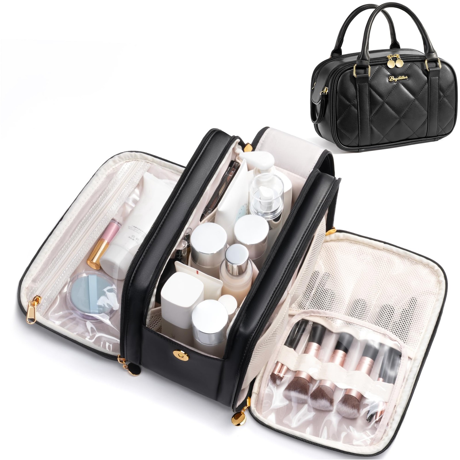 Bagstellar Travel Makeup Bag, Large Capacity Quilted Toiletry Bag for Black