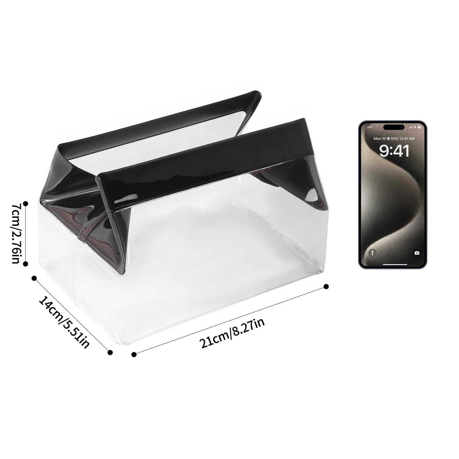 Clear Toiletry Bag with Magnetic Closure, 0.7mm Thick Structured TPU Black