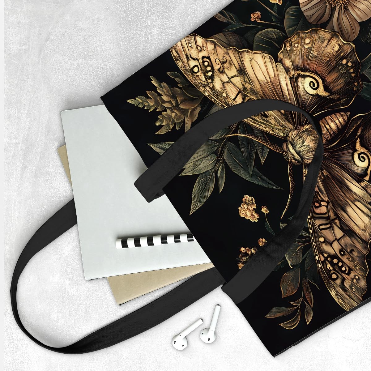 Witchy Floral Moth Print Canvas Tote Bag for Moth Dark Goth Reusable Grocery …
