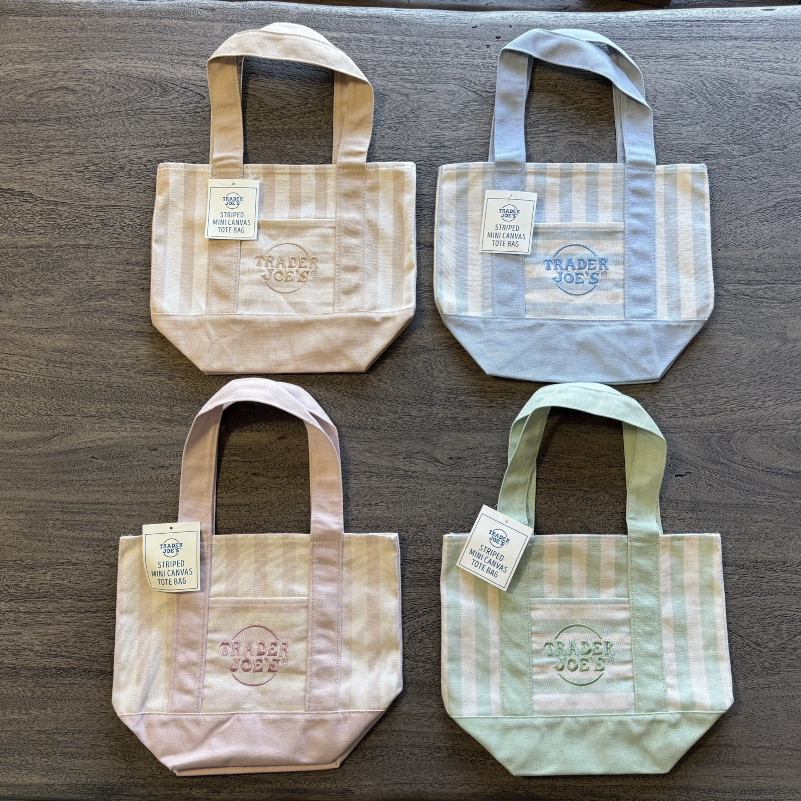 Trader Joe’s Set of 4 Striped Summer Mini Totes 2026 Pink Tan Blue Green NWT