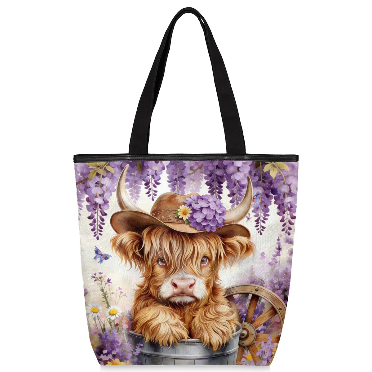 Purple Lavender Highland Cow Sunflower Canvas Tote Bag, Zippered Women’s Travel