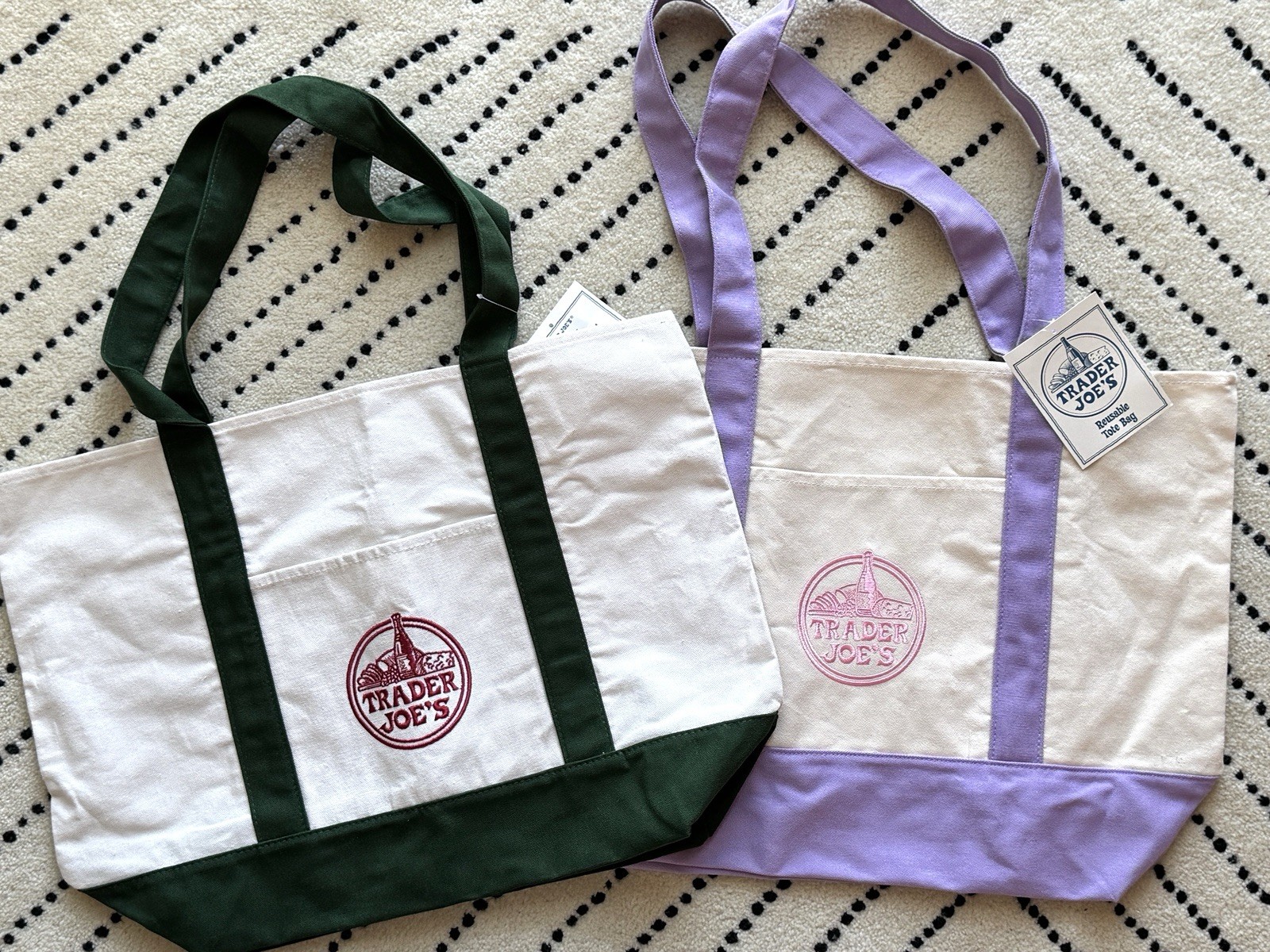Trader Joe’s Foldable Reusable Canvas Shopping Bag Beige Purple Green