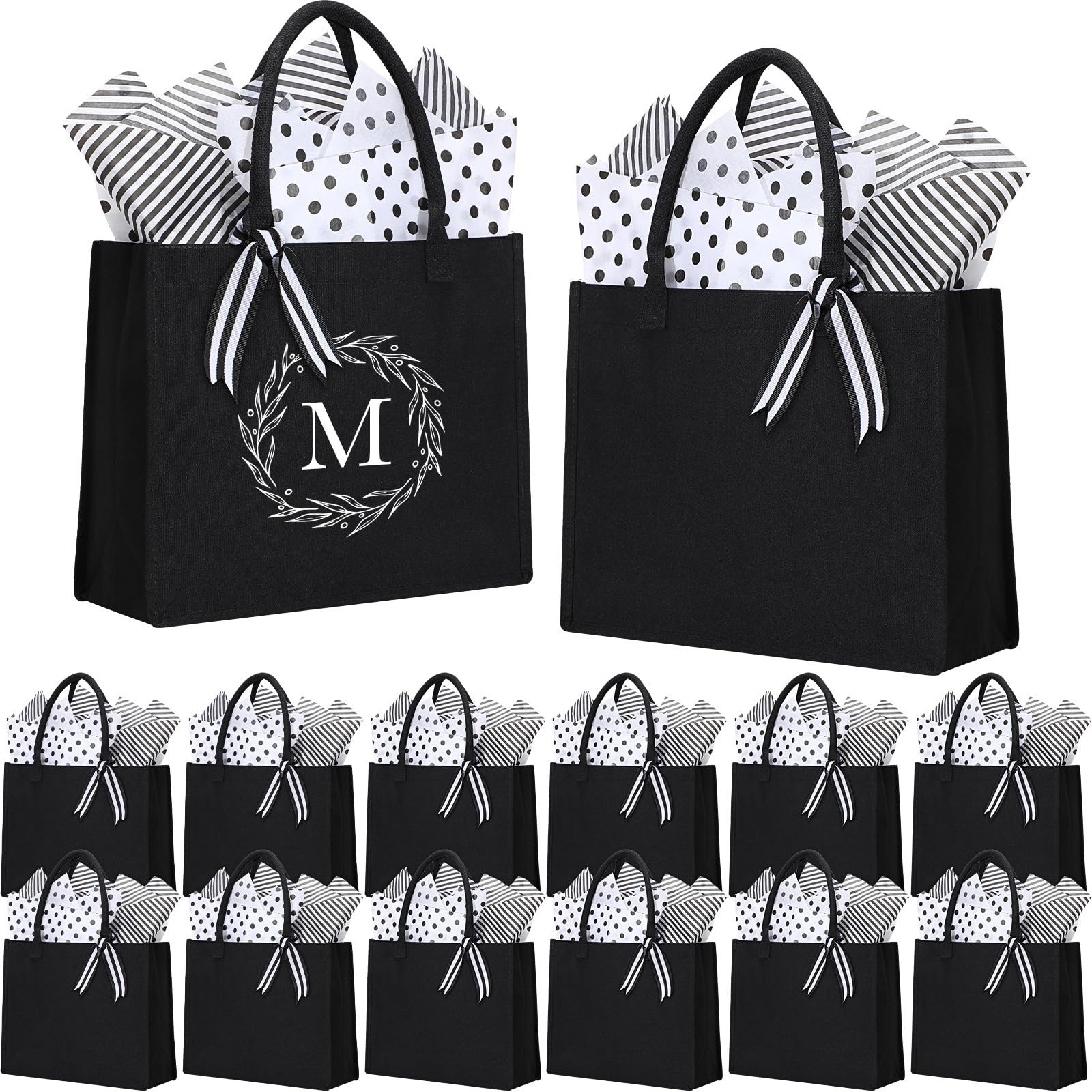 12 Pack Canvas Tote Bag Bulk Initial Black Canvas Tote Bags with 28 Tissues S…