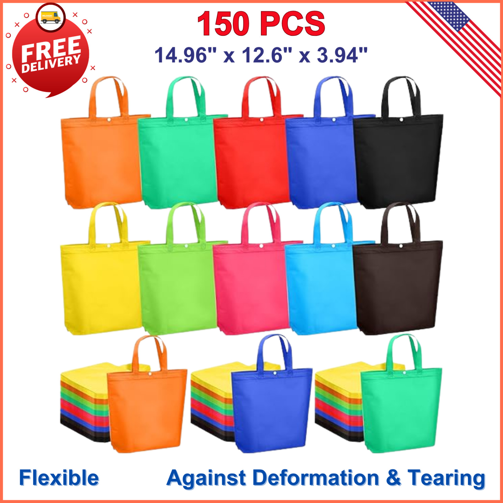 150PCS Reusable Non Woven Grocery Grocery Shopping Tote Bag, 14.96″ x 12.6″