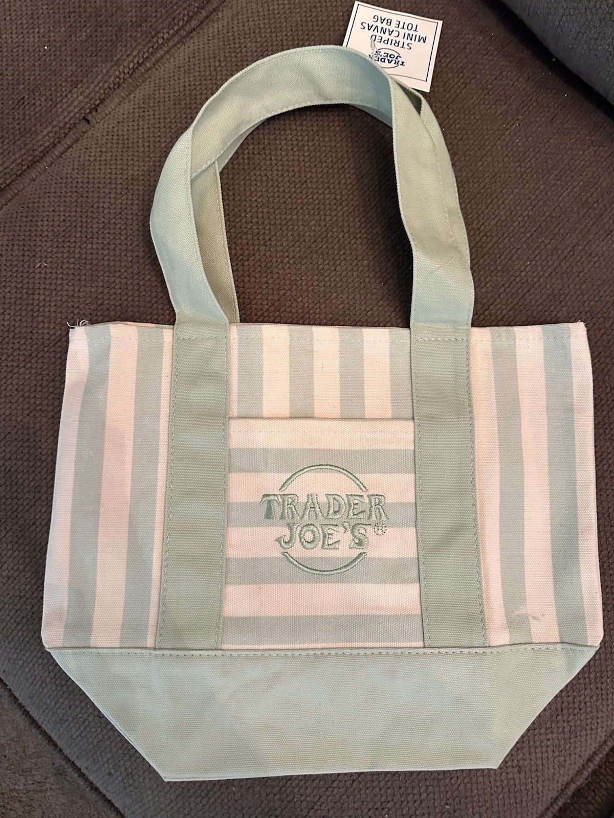 Trader Joe’s Small Canvas Tote Bag Green & White Striped 15x12x14 in New