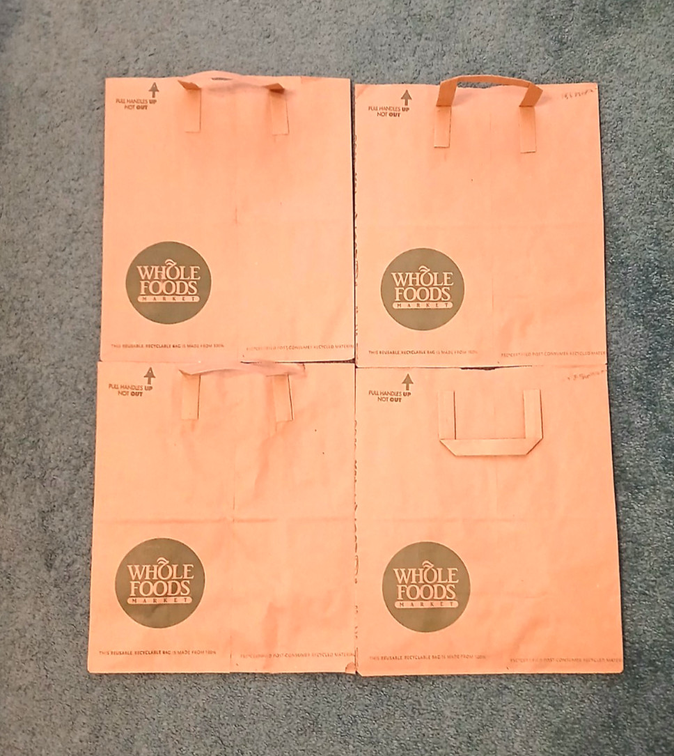 Lot of 4 Whole Foods Brown Grocery Paper Bags Reusable Logo Top Handle Craft