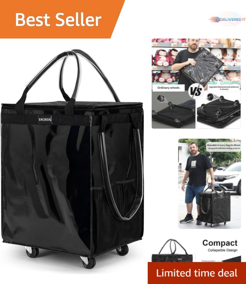 Medium Black Reusable Grocery Bag on Wheels 66lb Capacity Foldable Trolley