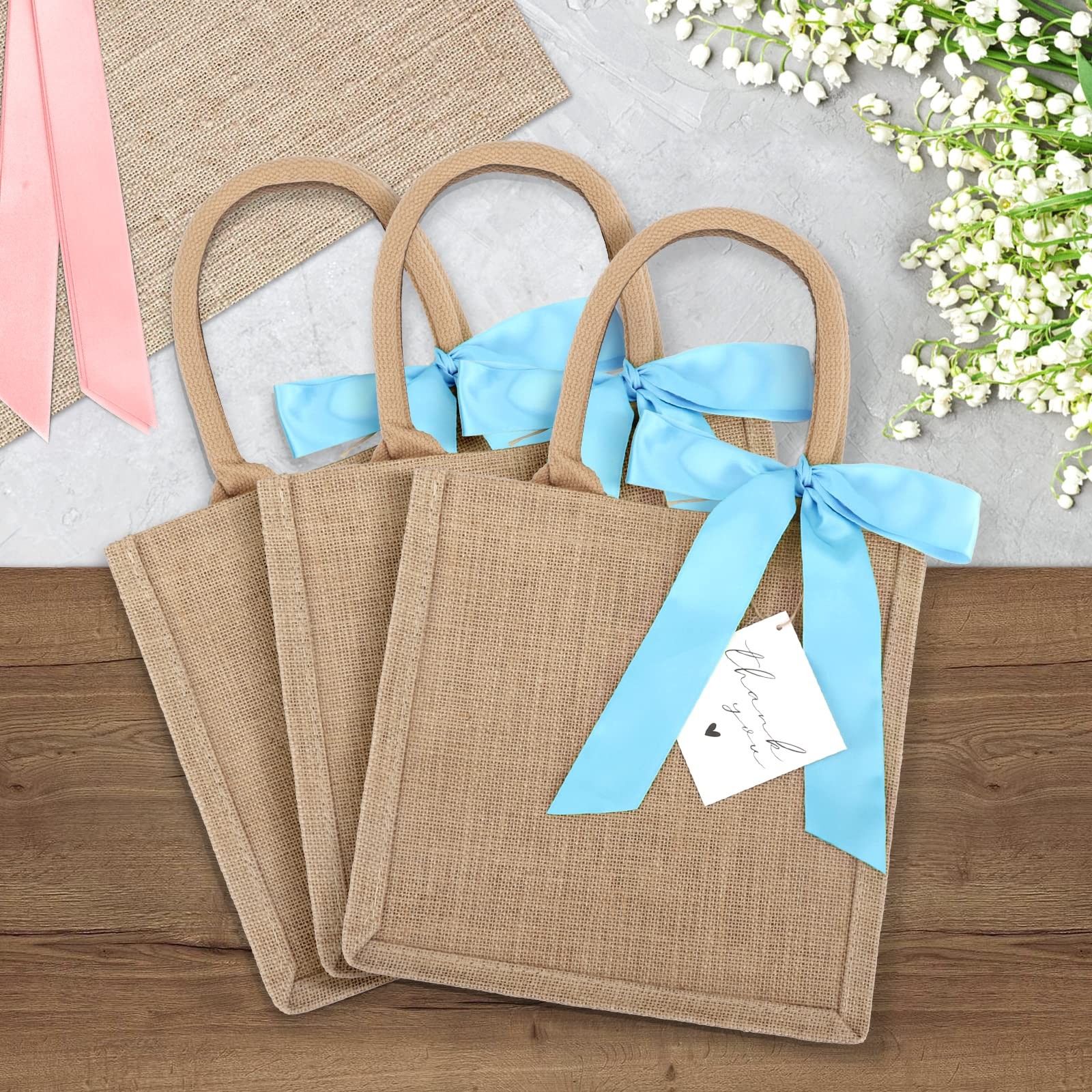 6 Pack Burlap Tote Bags with Handles Reusable Small Jute Gift Bags with Blue …